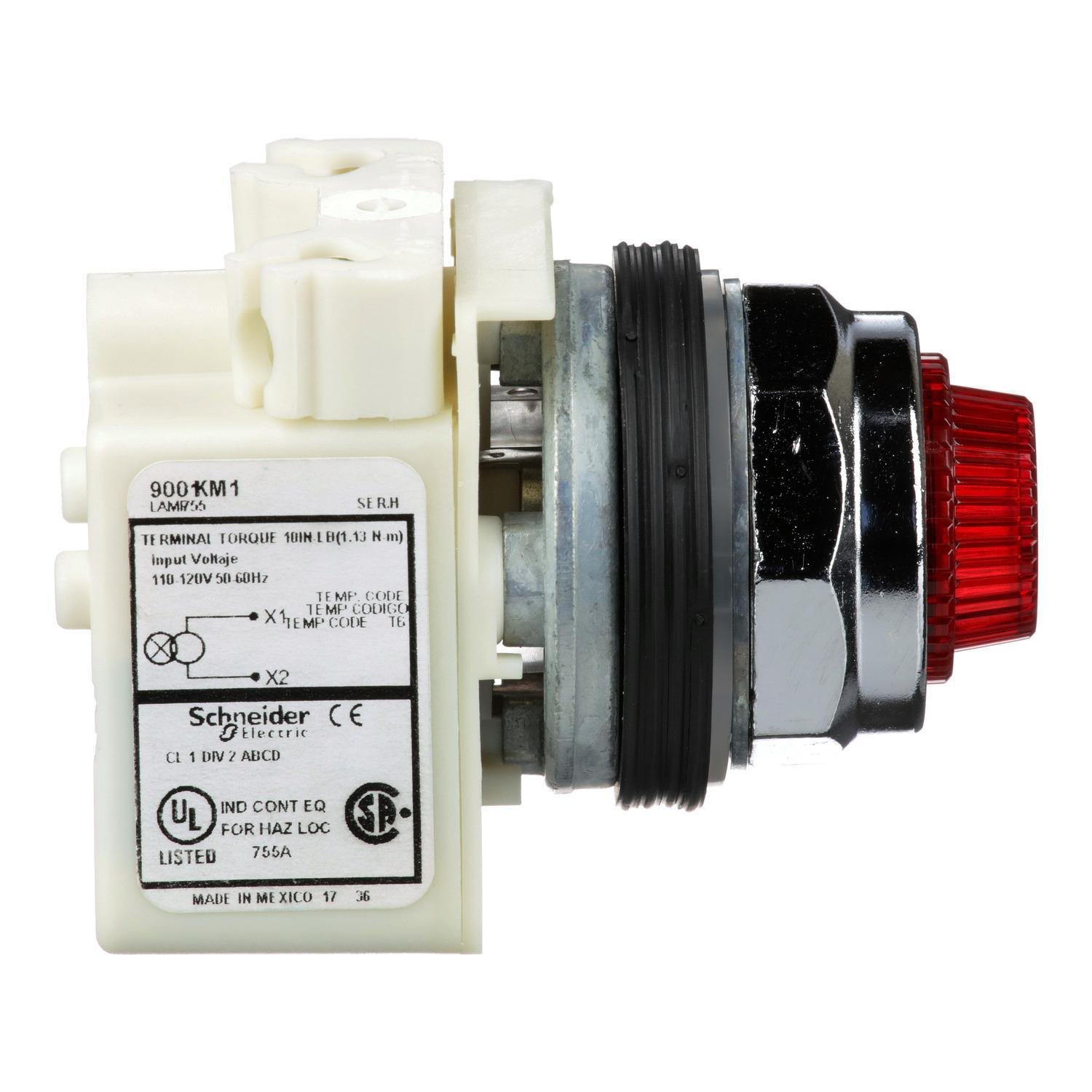Picture of 9001KP1R31 - Pilot light, Harmony 9001K, metal, polycarbonate, fresnel lens, red, 30mm, 120VAC
