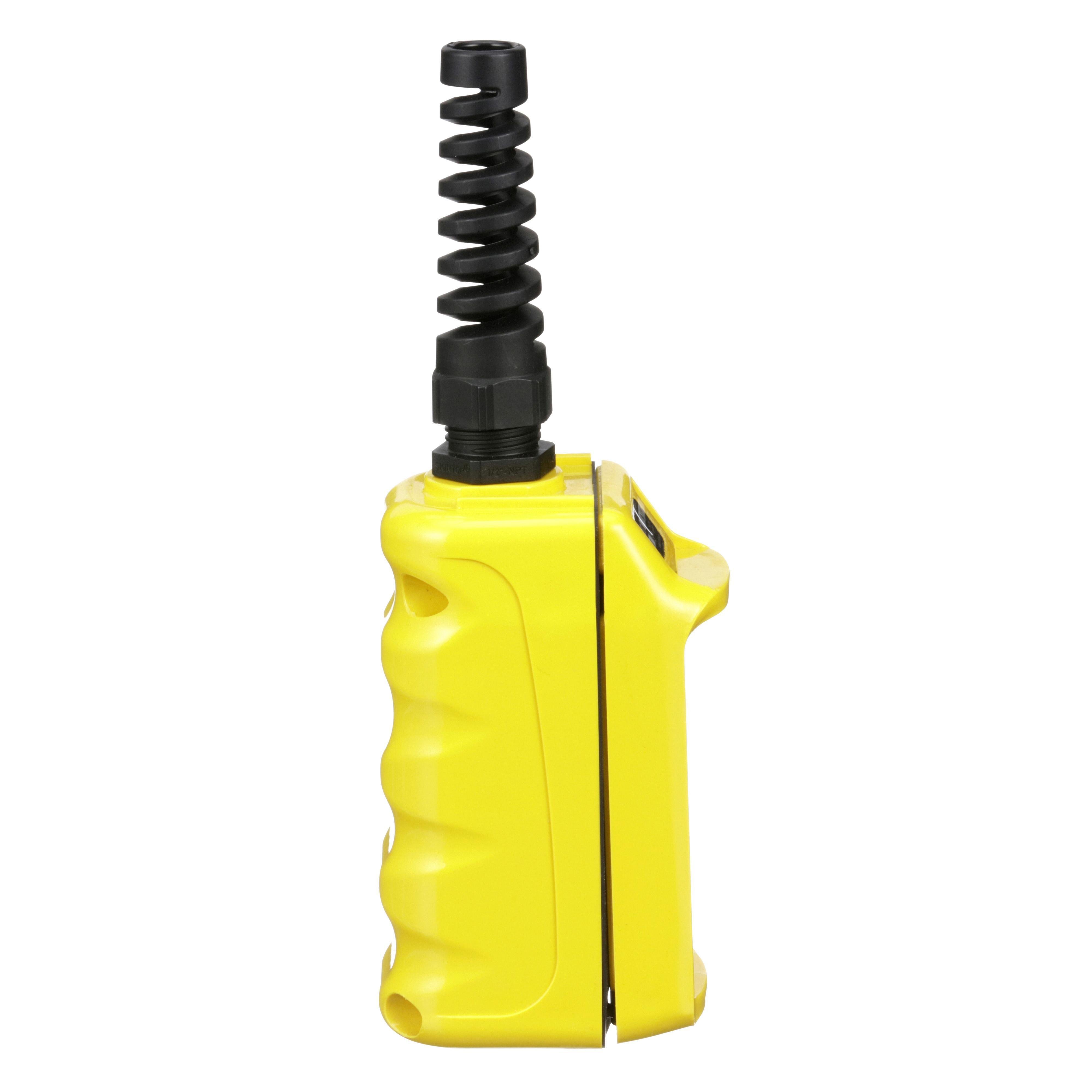 Picture of 9001BW92Y - Pendant Station, 2 mechanically interlocked push buttons, NO contacts, UP DOWN, yellow enclosure, 600 VAC 5 A