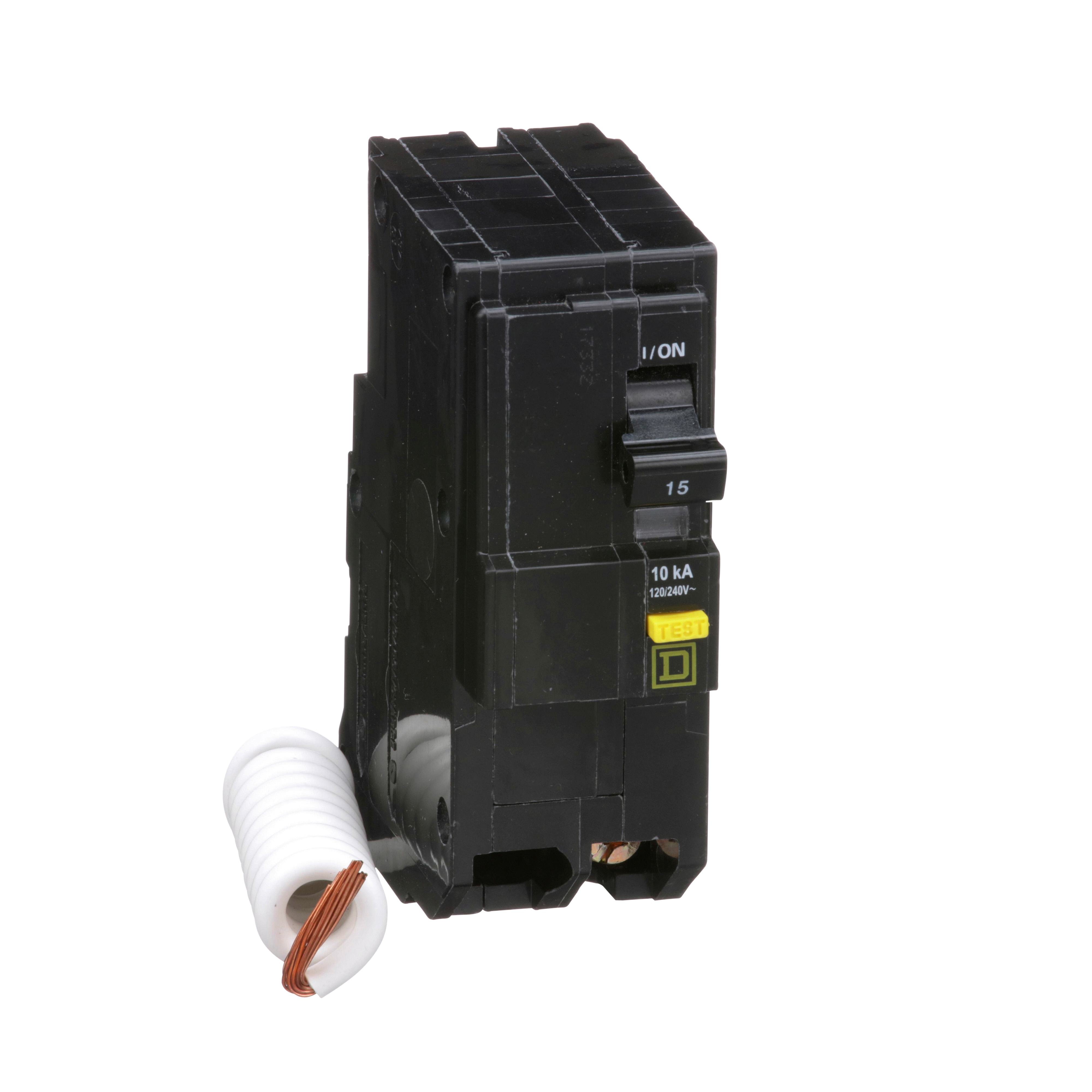 Picture of QO215GFI - [TAA] Mini circuit breaker, QO, 15A, 2 pole, 120/240VAC, 10kA, plug in, 6mA grd fault A, pigtail