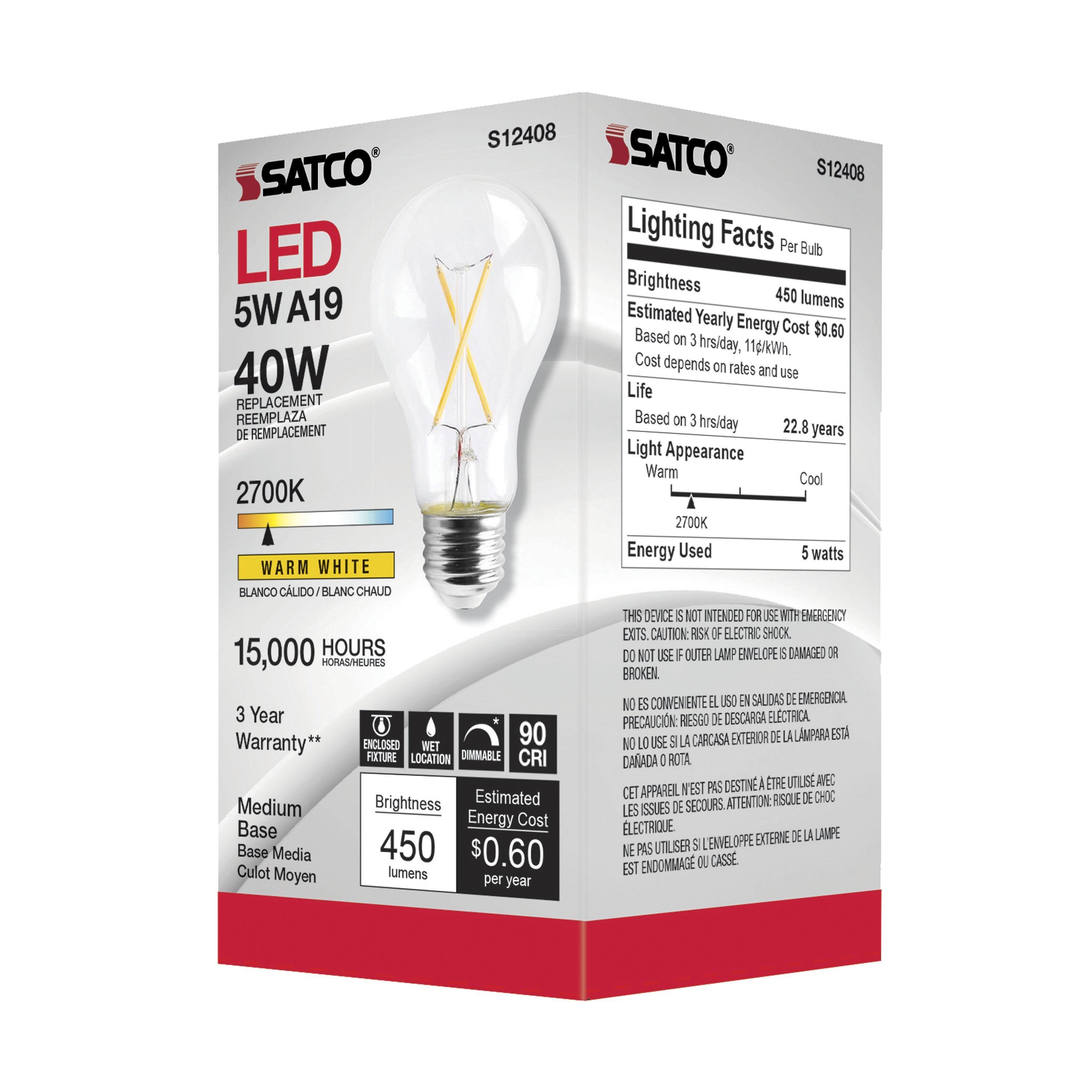Picture of S12408 - 5 Watt LED A19 - Clear - Medium Base - 2700K - 90 CRI - 120 Volt