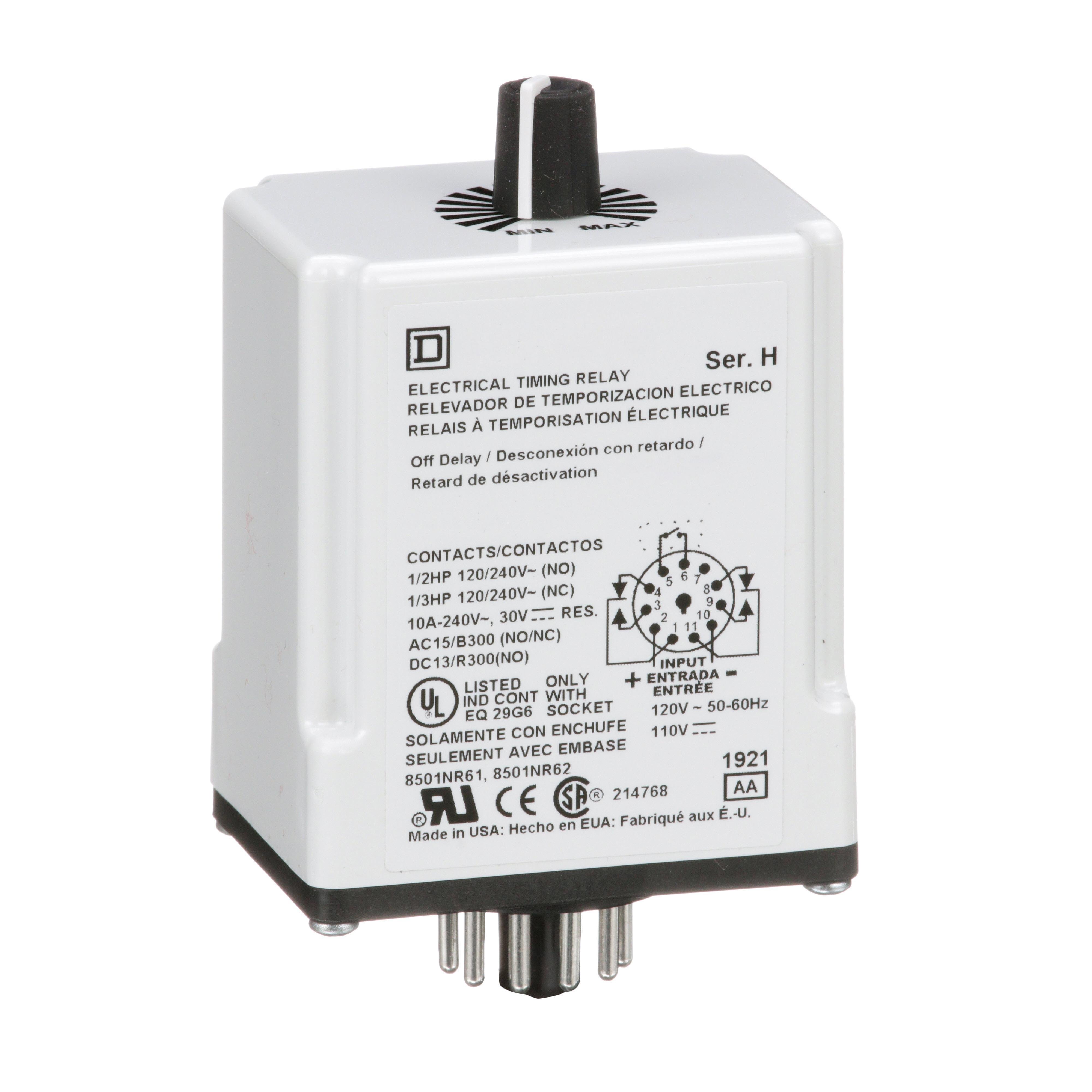Picture of 9050JCK25V20 - Timing Relay, Type JCK, plug In, off delay, adjustable time, 1.8 to 180 seconds, 10A, 240 VAC, 120 VAC/110 VDC