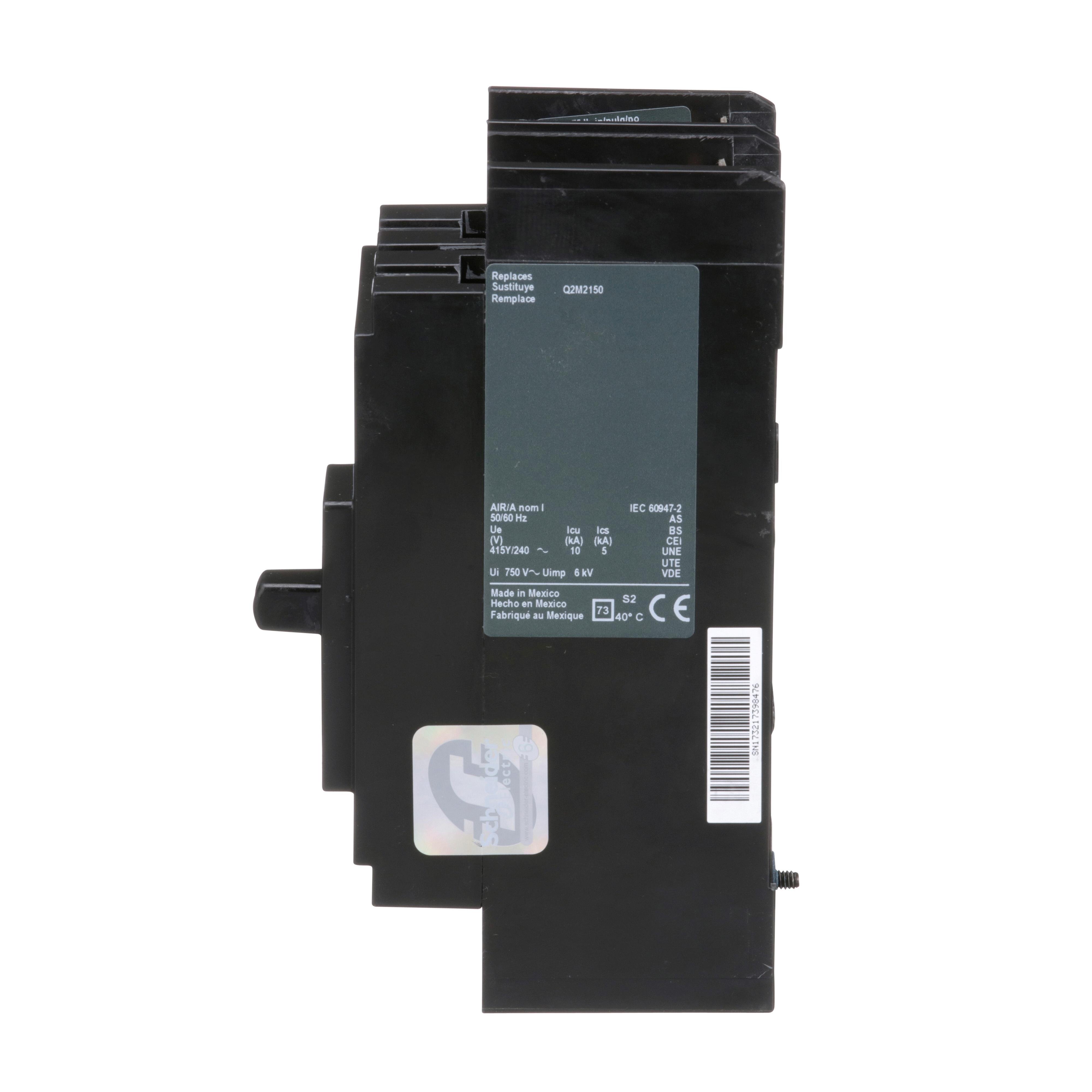 Picture of QDP22150TM - Circuit breaker, PowerPacT Q, 150A, 2 pole, 240VAC, 25kA, lugs, thermal magnetic, 80%, bottom of panel