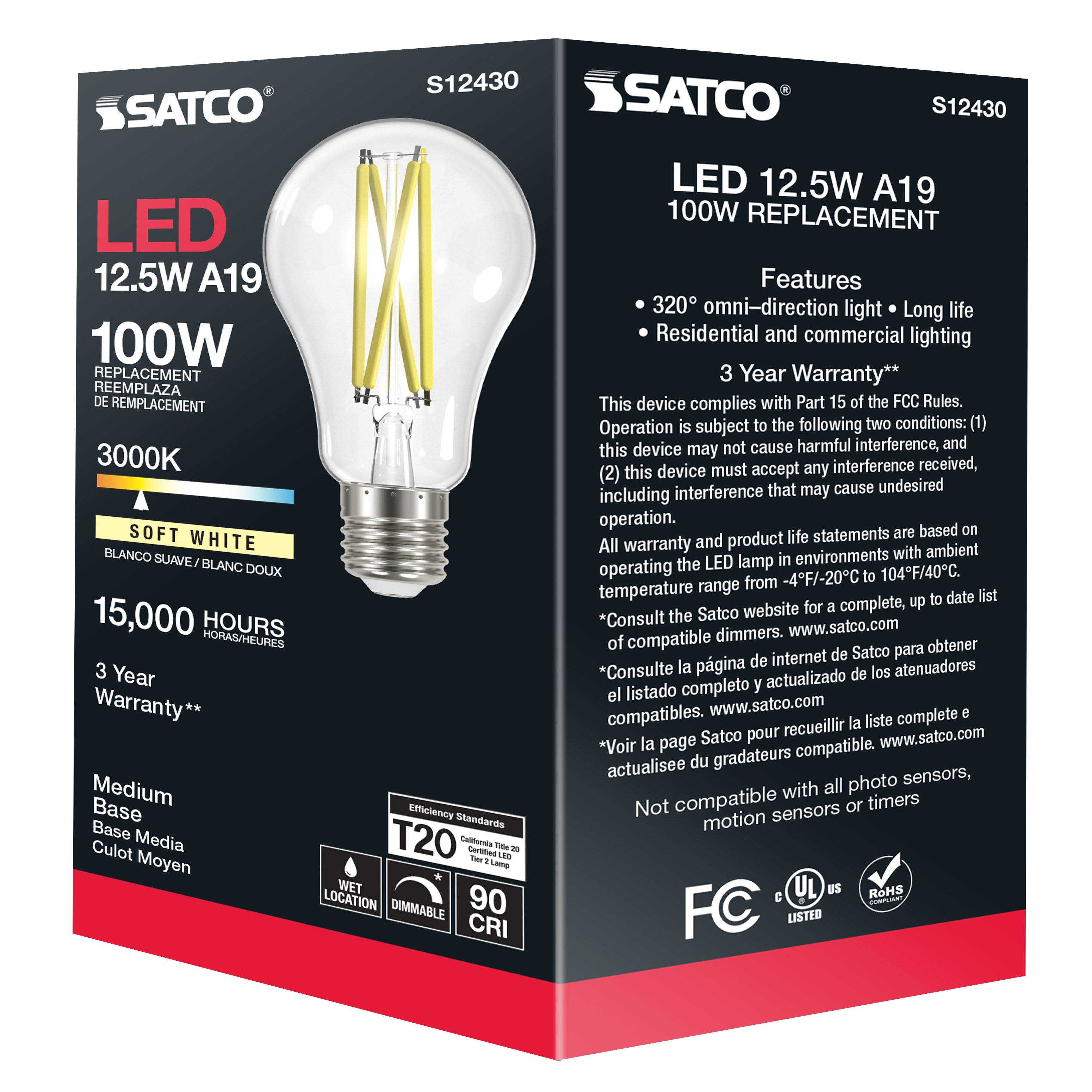 Picture of S12430 - 12.5 Watt LED A19 - Clear - Medium Base - 3000K - 90 CRI - 120 Volt