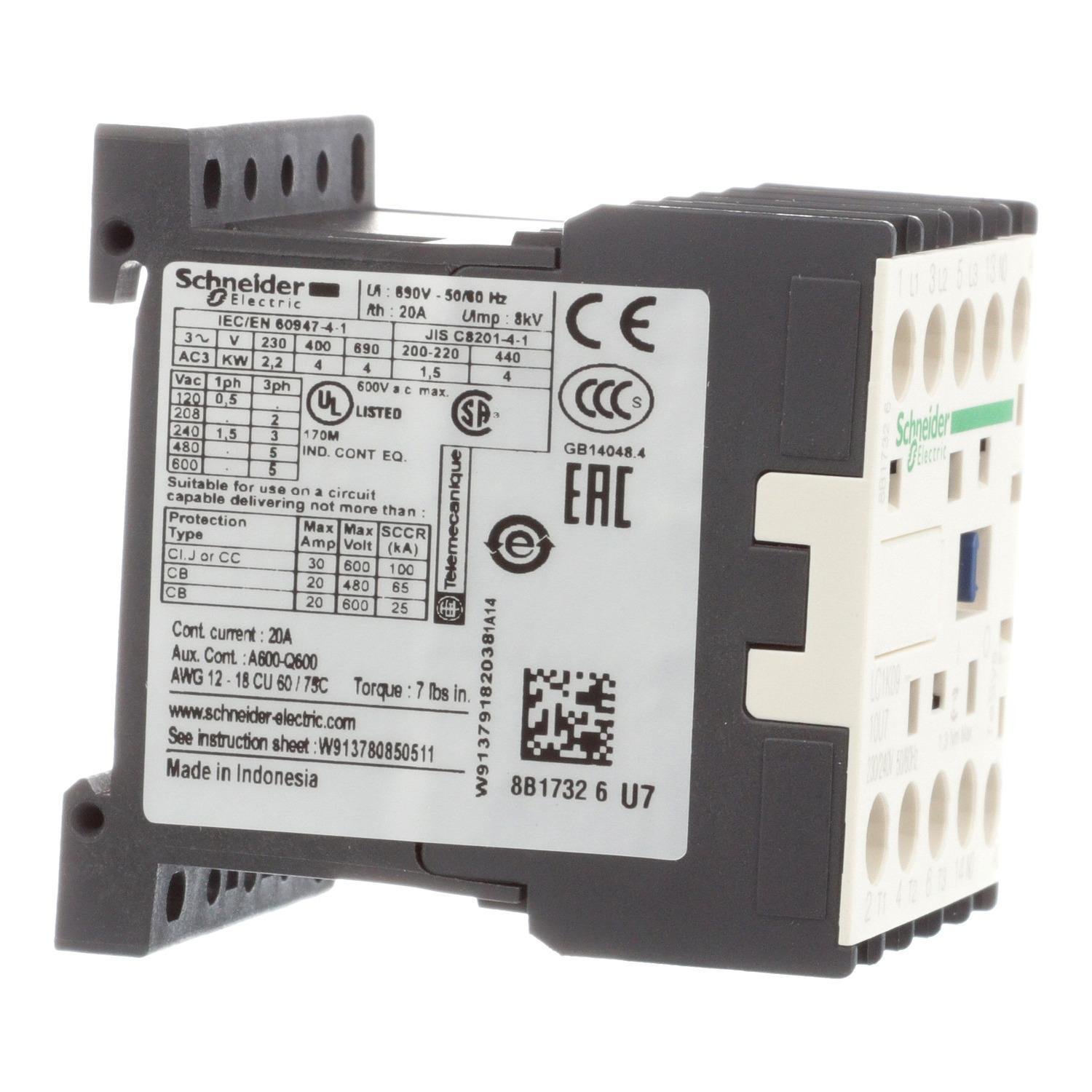Picture of LC1K0910U7 - Contactor, TeSys K, 3P, AC-3, lt or eq to 440V 9A, 1 NO aux., 230 to 240VAC coil