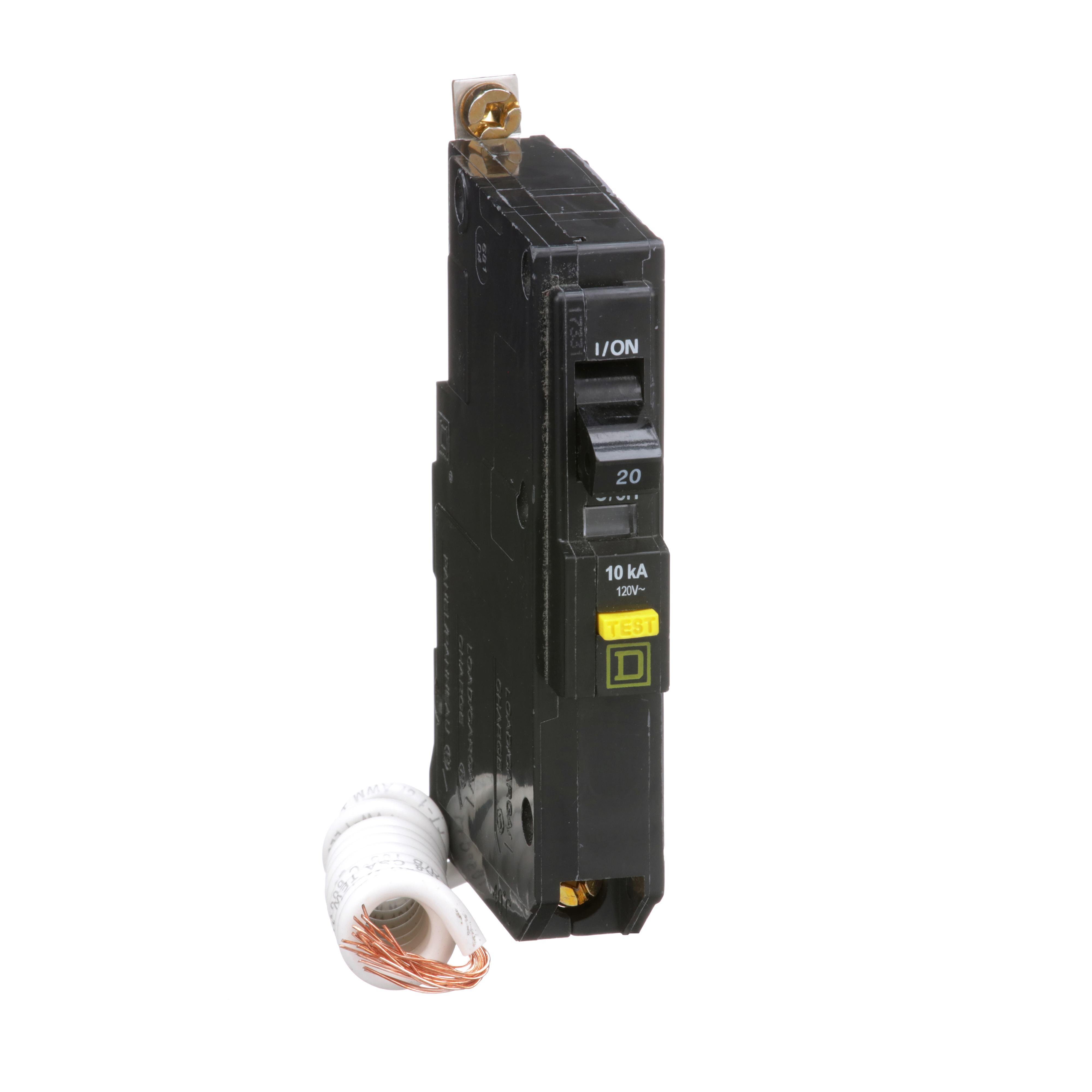 QOB120GFI - [TAA] Mini circuit breaker, QO, 20A, 1 pole, 120VAC, 10kA, bolt on, 6mA grd fault A, pigtail