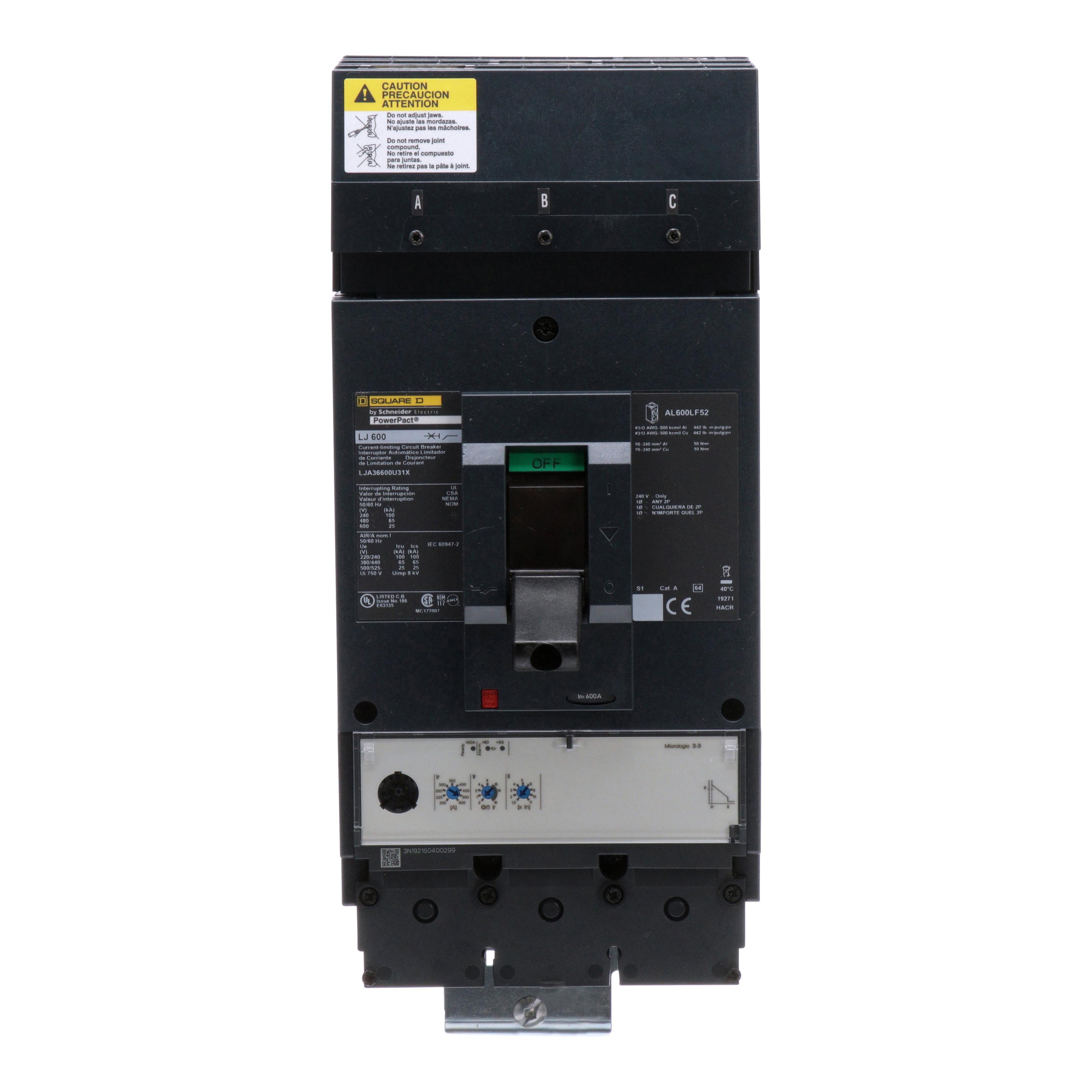 Picture of LJA36600U31X - Circuit breaker, PowerPacT L, 600A, 3 pole, 600VAC, 25kA, I-Line, MicroLogic 3.3, 80%, ABC