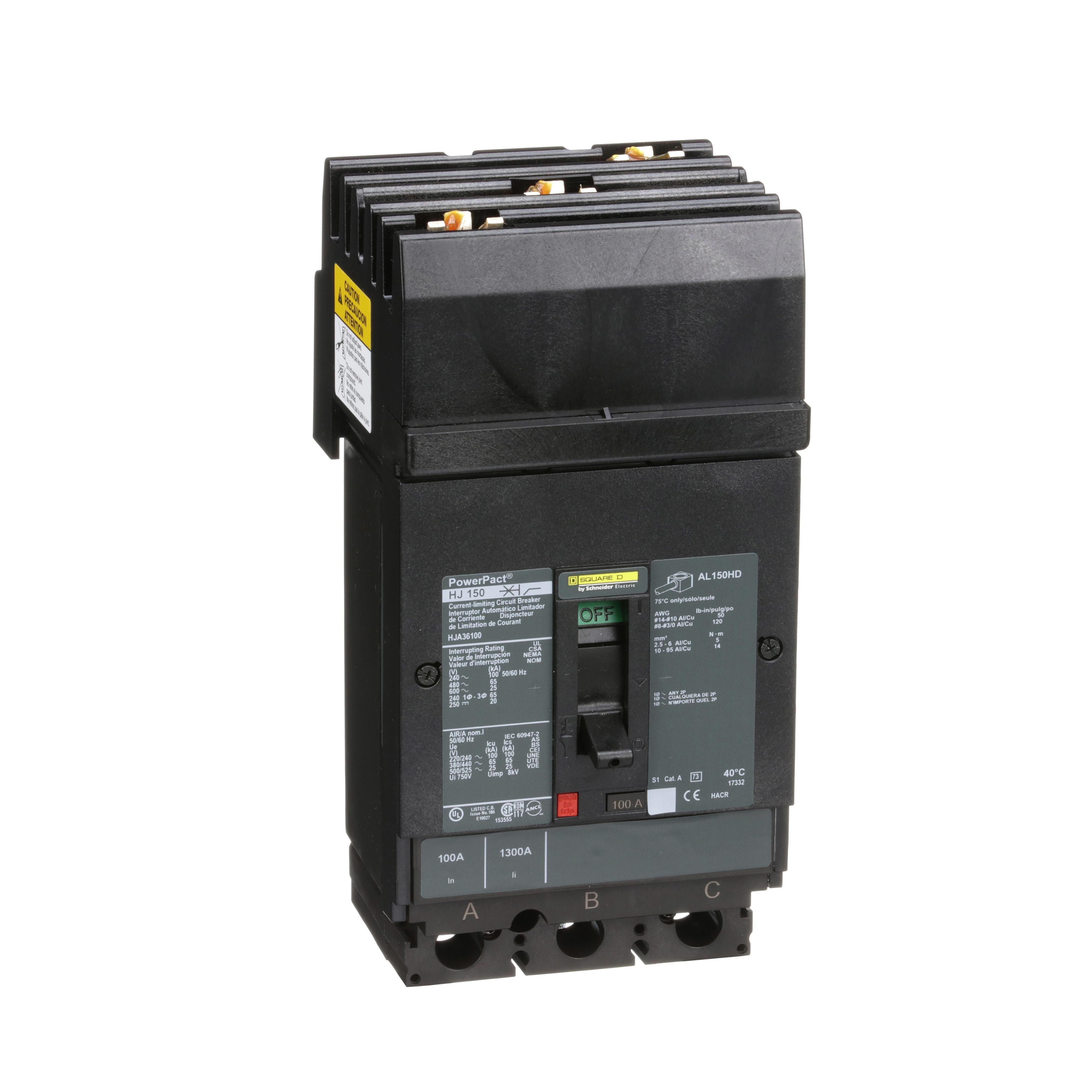 HJA36100 - Circuit breaker, PowerPacT H, 100A, 3 pole, 600VAC, 25kA, I-Line, thermal magnetic, 80%, ABC
