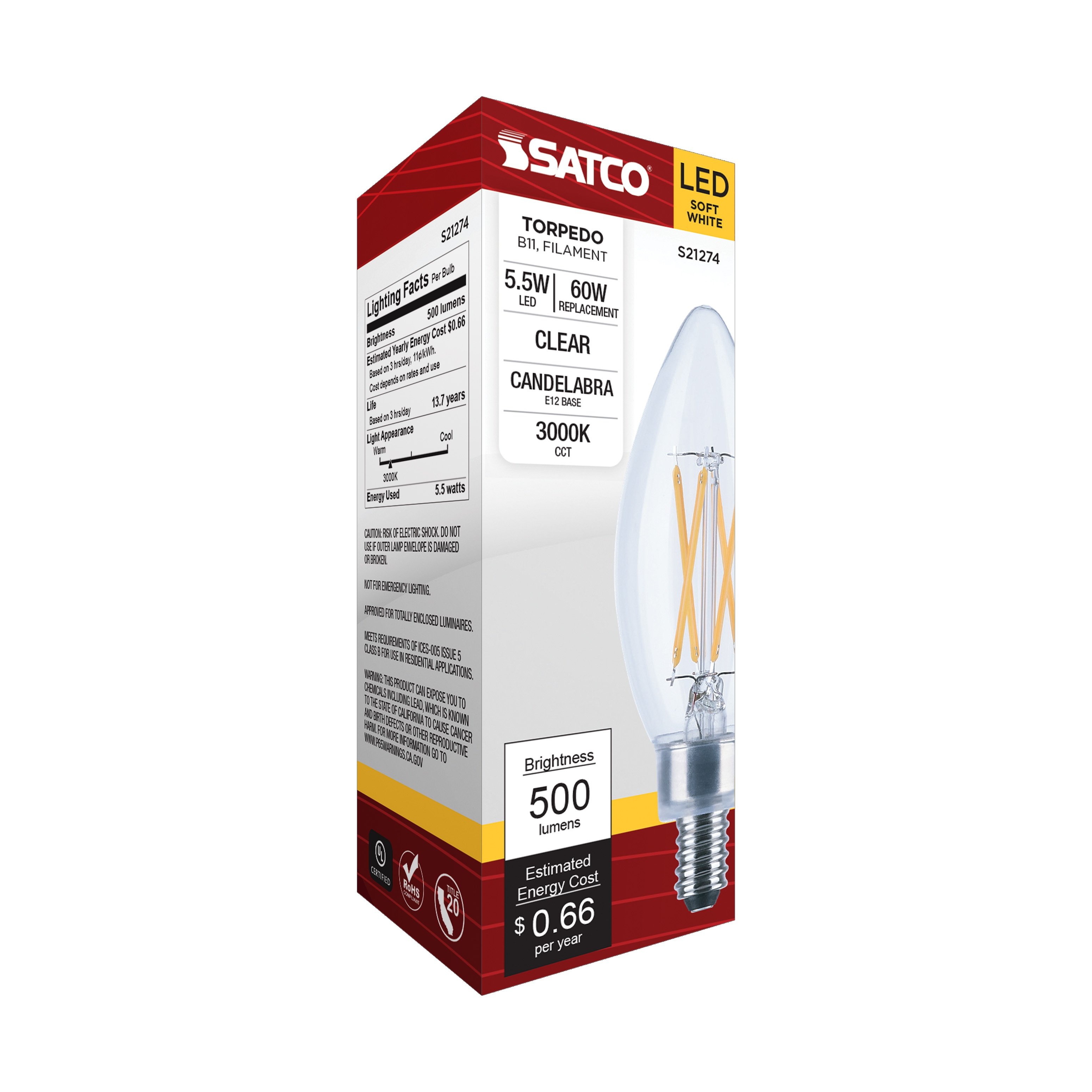 Picture of S21274 - 5.5 Watt B11 LED - Clear - Candelabra base - 90 CRI - 3000K - 120 Volt