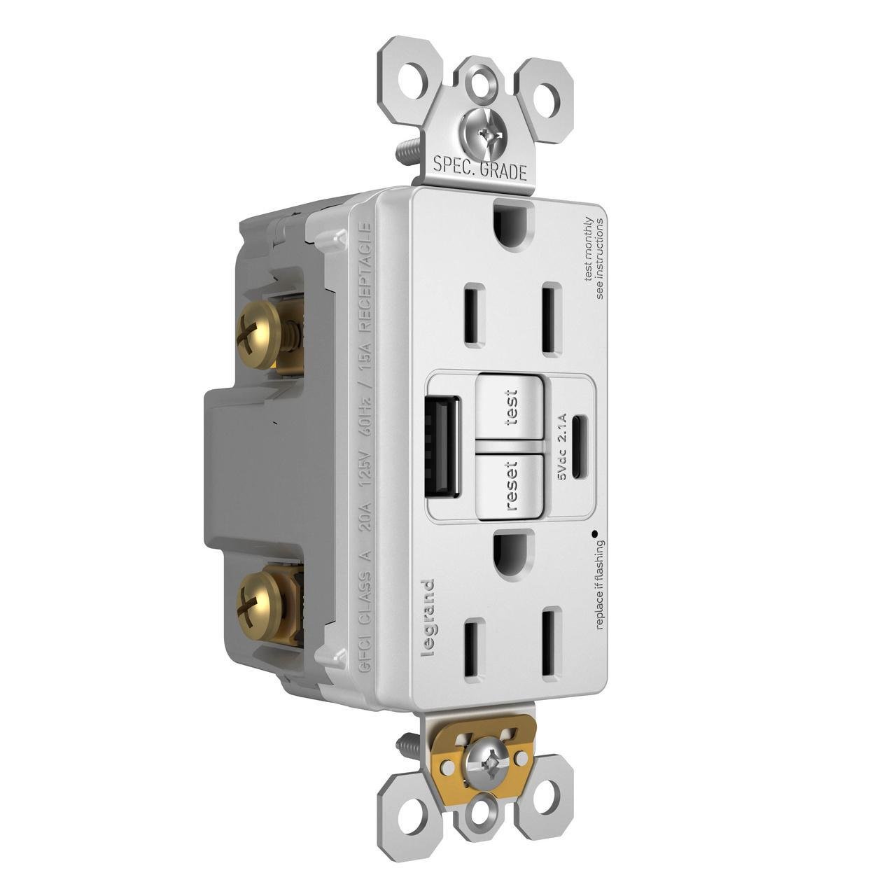 Picture of 1597TRUSBACW - radiant® Tamper-Resistant 15A Duplex Self-Test GFCI Receptacles with SafeLock® Protection, USB Type A/C White