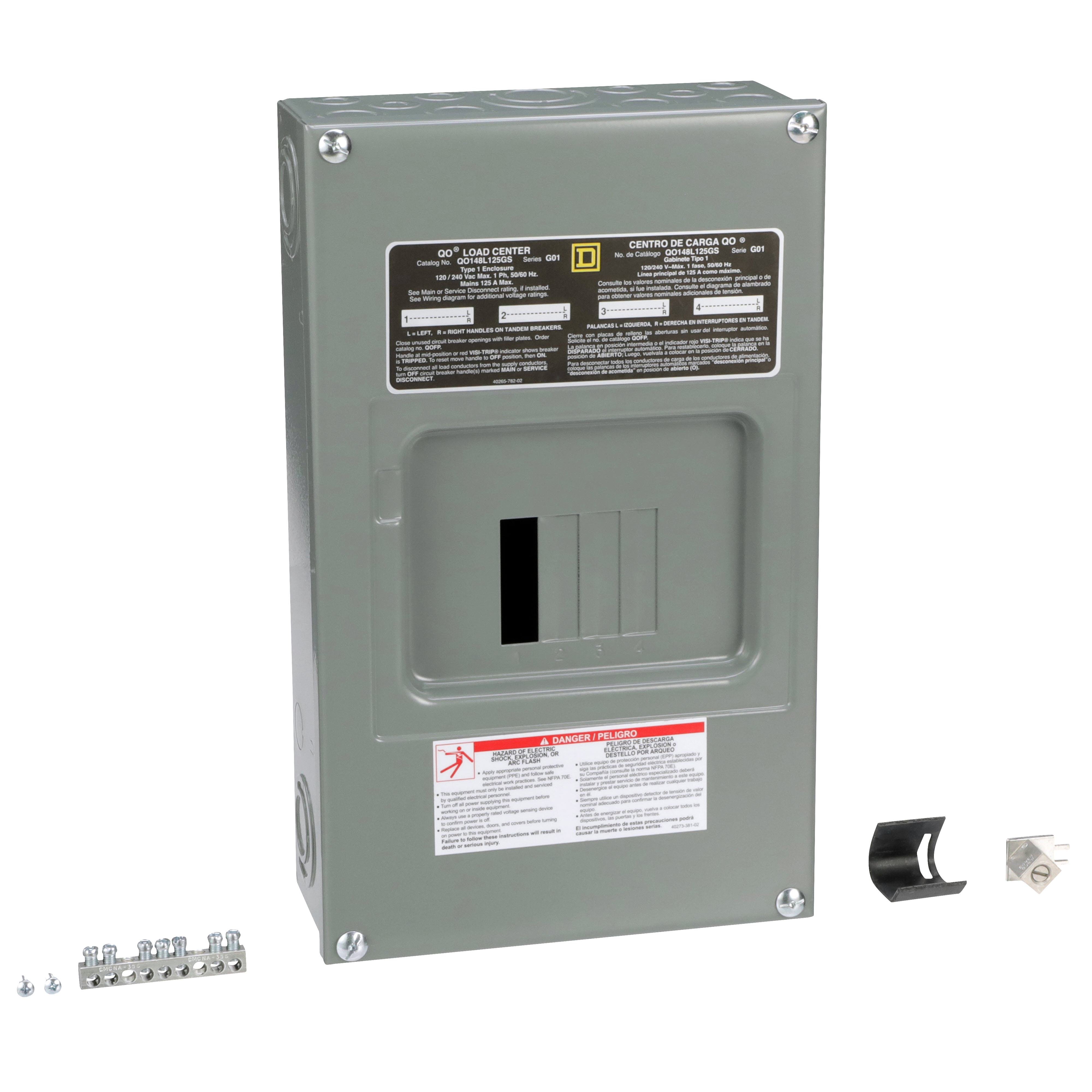 QO148L125GS - Load center, QO, 1 phase, 4 spaces, 8 circuits, 125A fixed main lugs, NEMA1, gnd bar, surface cover