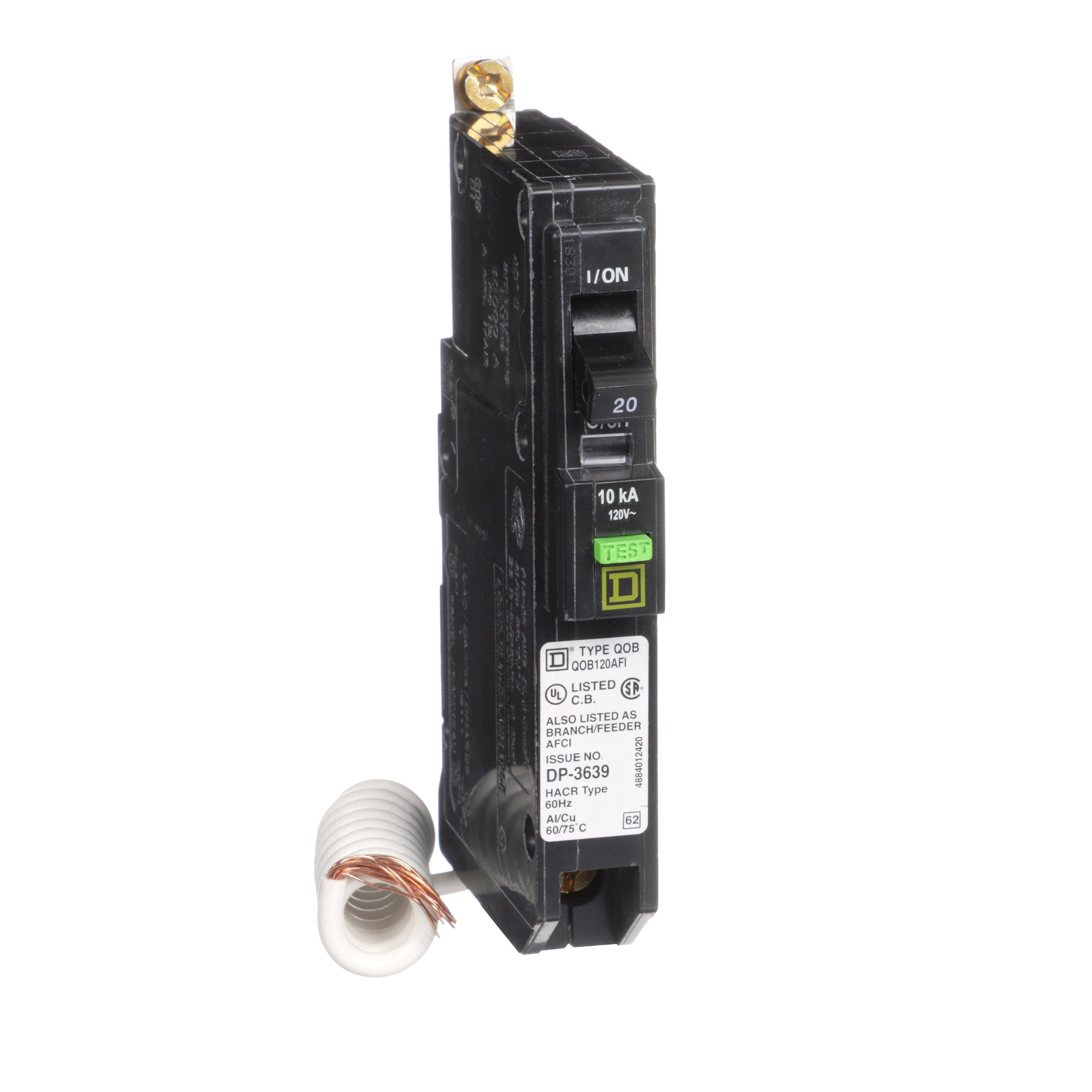 Picture of QOB120AFI - Mini circuit breaker, QO, 20A, 1 pole, 120VAC, 10kA, bolt on, ARC fault, pigtail