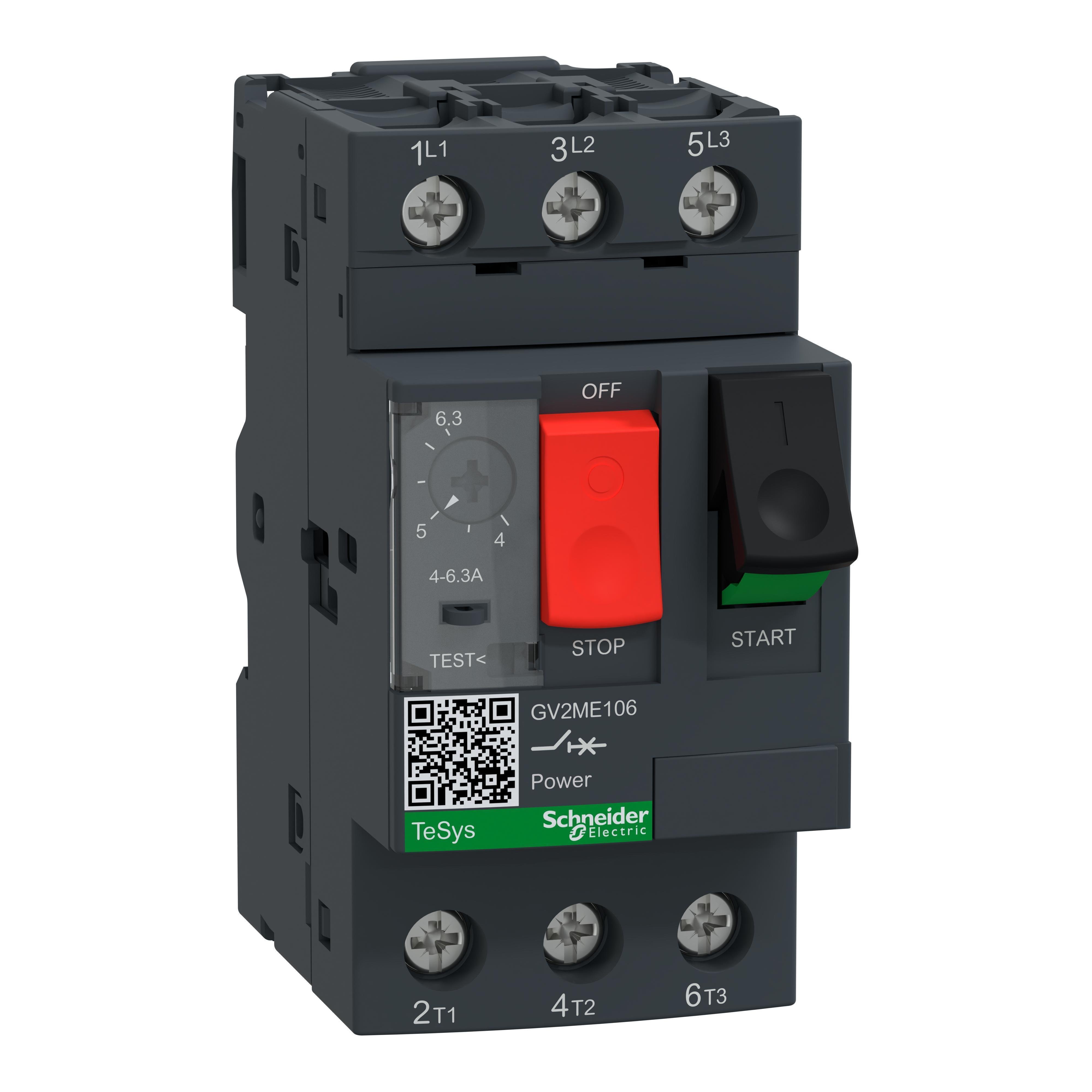 Picture of GV2ME106 - TeSys Deca Manual Starter and Protector, thermal magnetic circuit protector, push buttons, 4...6.3 A, ring lug terminals