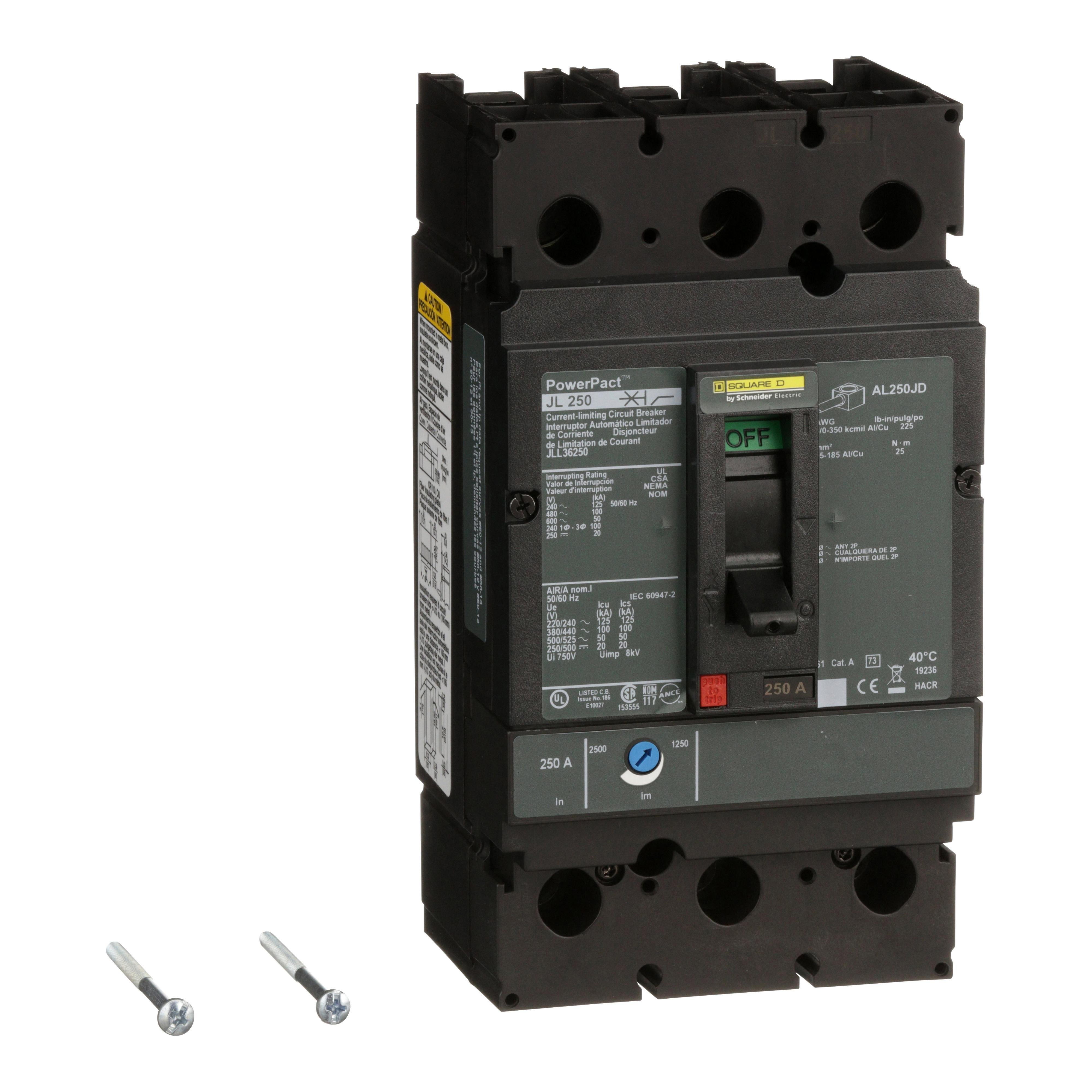 JLL36250 - Circuit breaker, PowerPacT J, 250A, 3 pole, 600VAC, 50kA, lugs, thermal magnetic, 80%