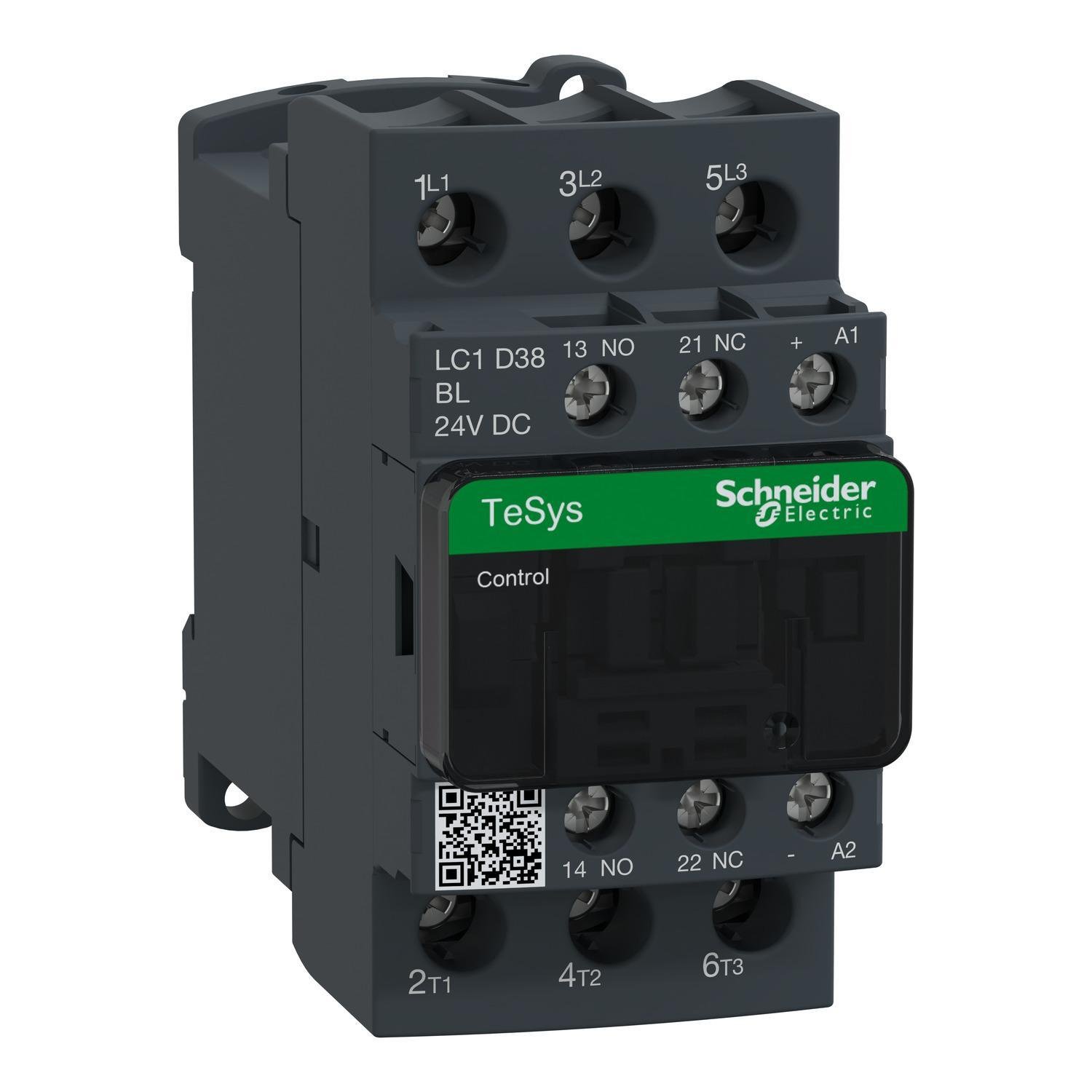 Picture of LC1D38BL - IEC contactor, TeSys Deca, nonreversing, 38A, 20HP at 480VAC, up to 100kA SCCR, 3 phase, 3 NO, low consumption 24VDC coil