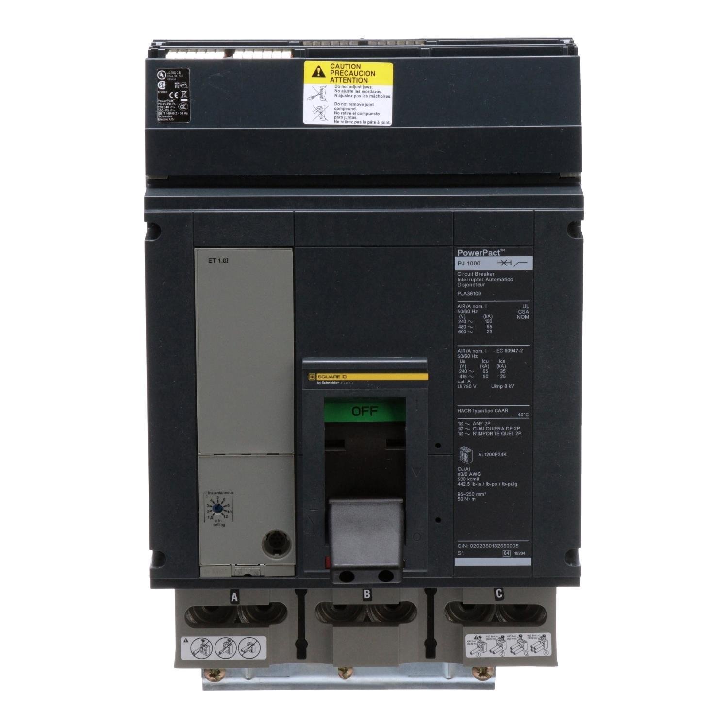 PJA36100 - Circuit breaker, PowerPacT P, 1000A, 3 pole, 600VAC, 25kA, I-Line, ET1.0l, 80%, ABC