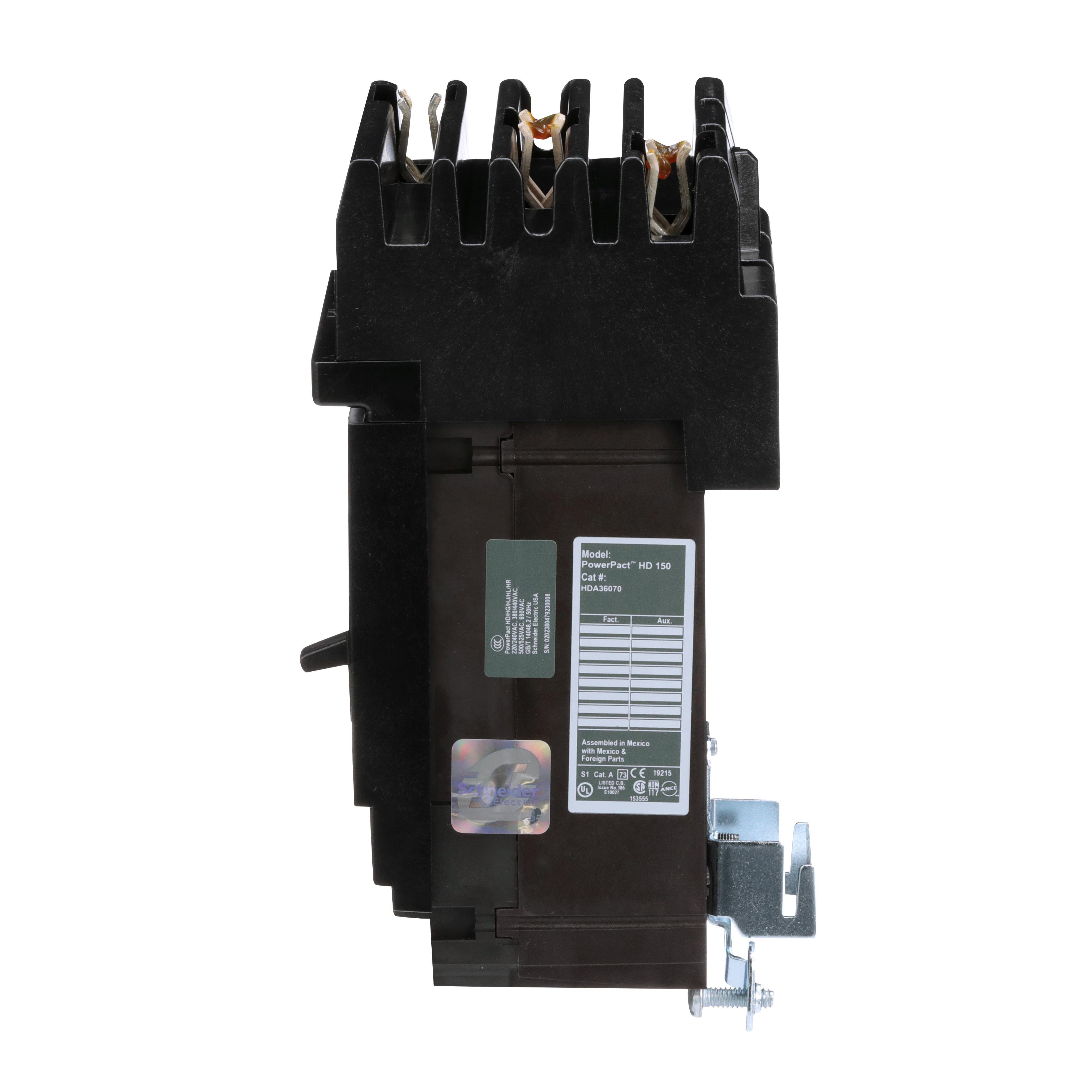 Picture of HDA36070 - Circuit breaker, PowerPacT H, 70A, 3 pole, 600VAC, 14kA, I-Line, thermal magnetic, 80%, ABC