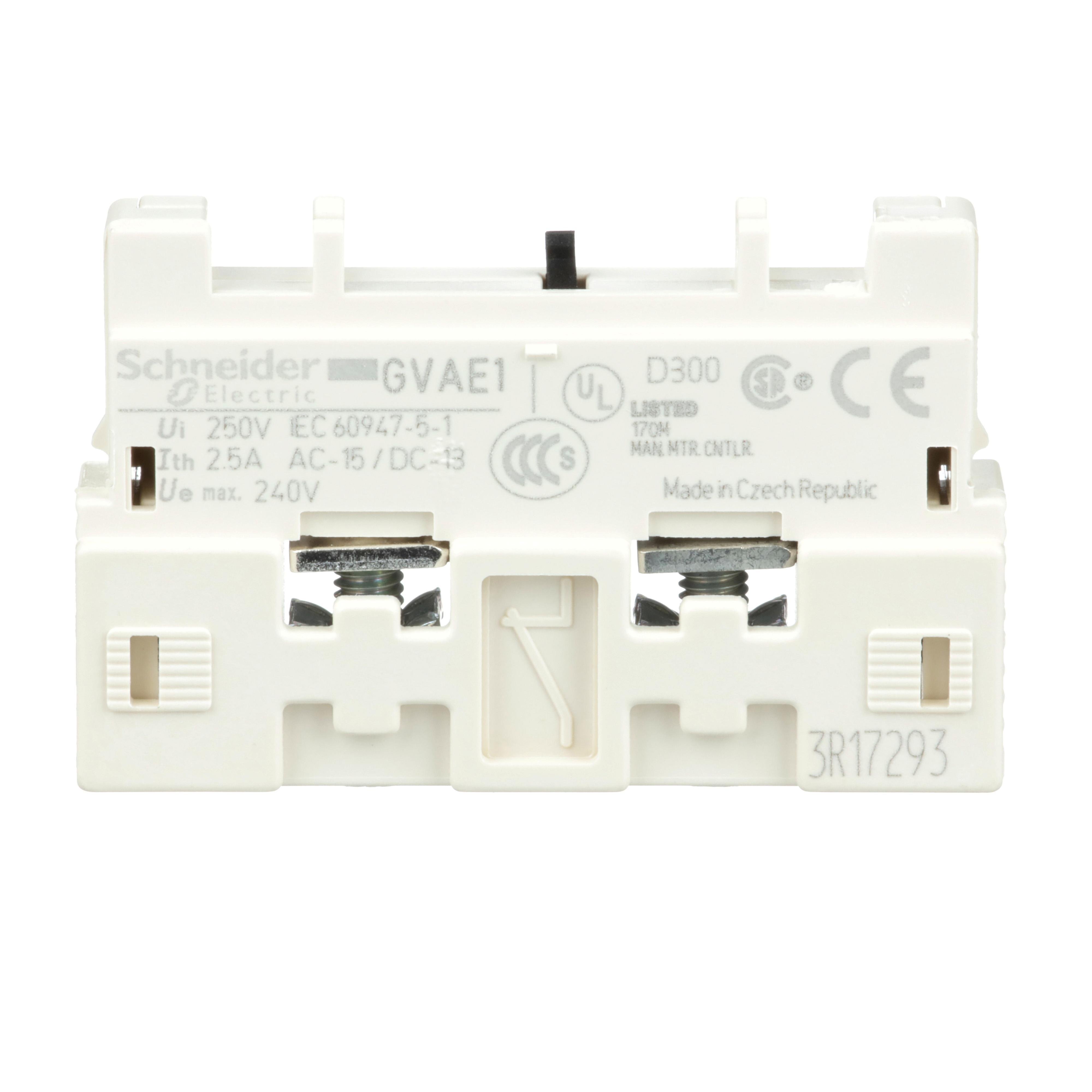 GVAE1 - TeSys Deca Manual Starter and Protector, auxiliary contact block, 1 NO or NC, top mount, screw clamp