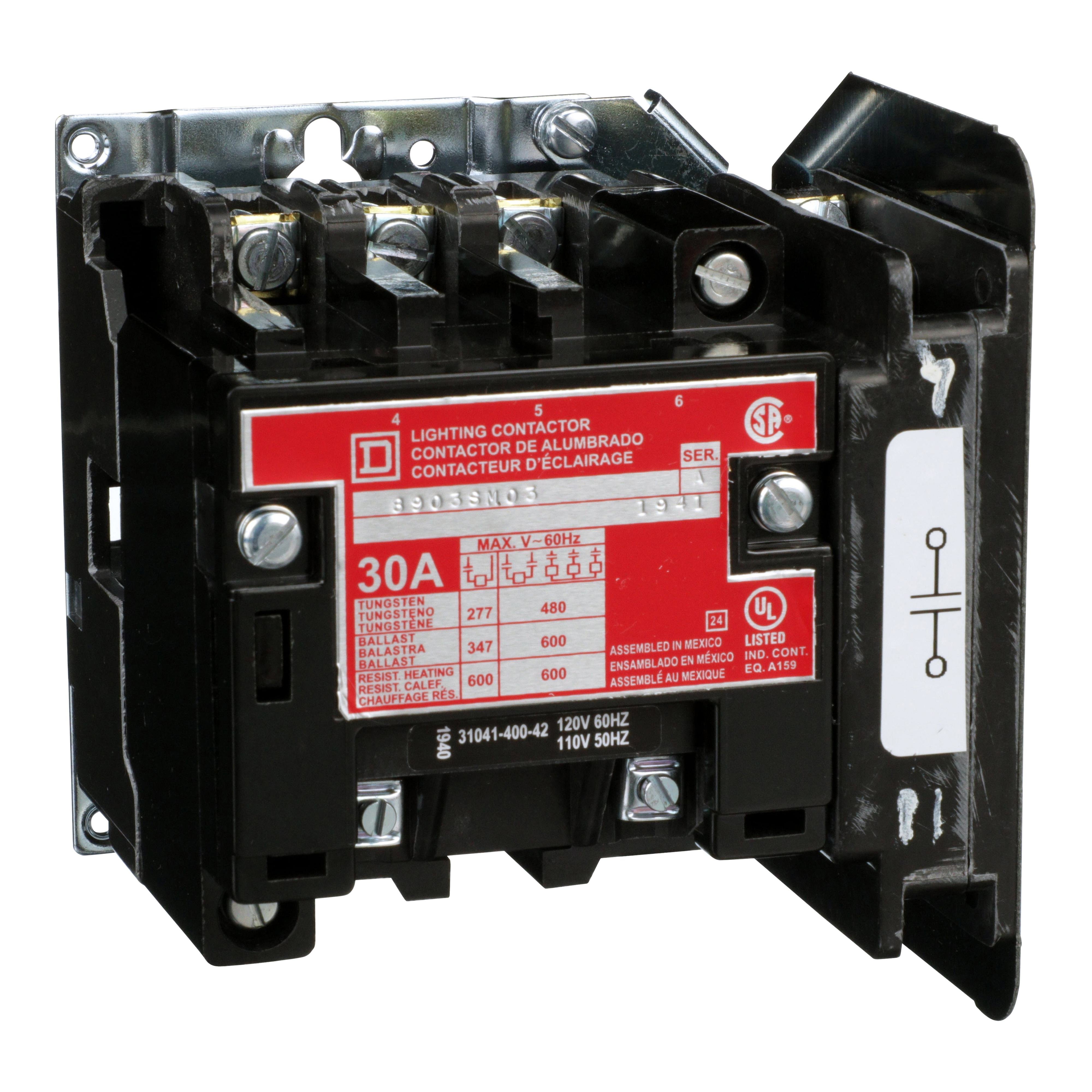 Picture of 8903SMO3V02 - Contactor, Type S, multipole lighting, electrically held, 30A, 4 pole, 110/120VAC 50/60Hz coil, open style [TAA]