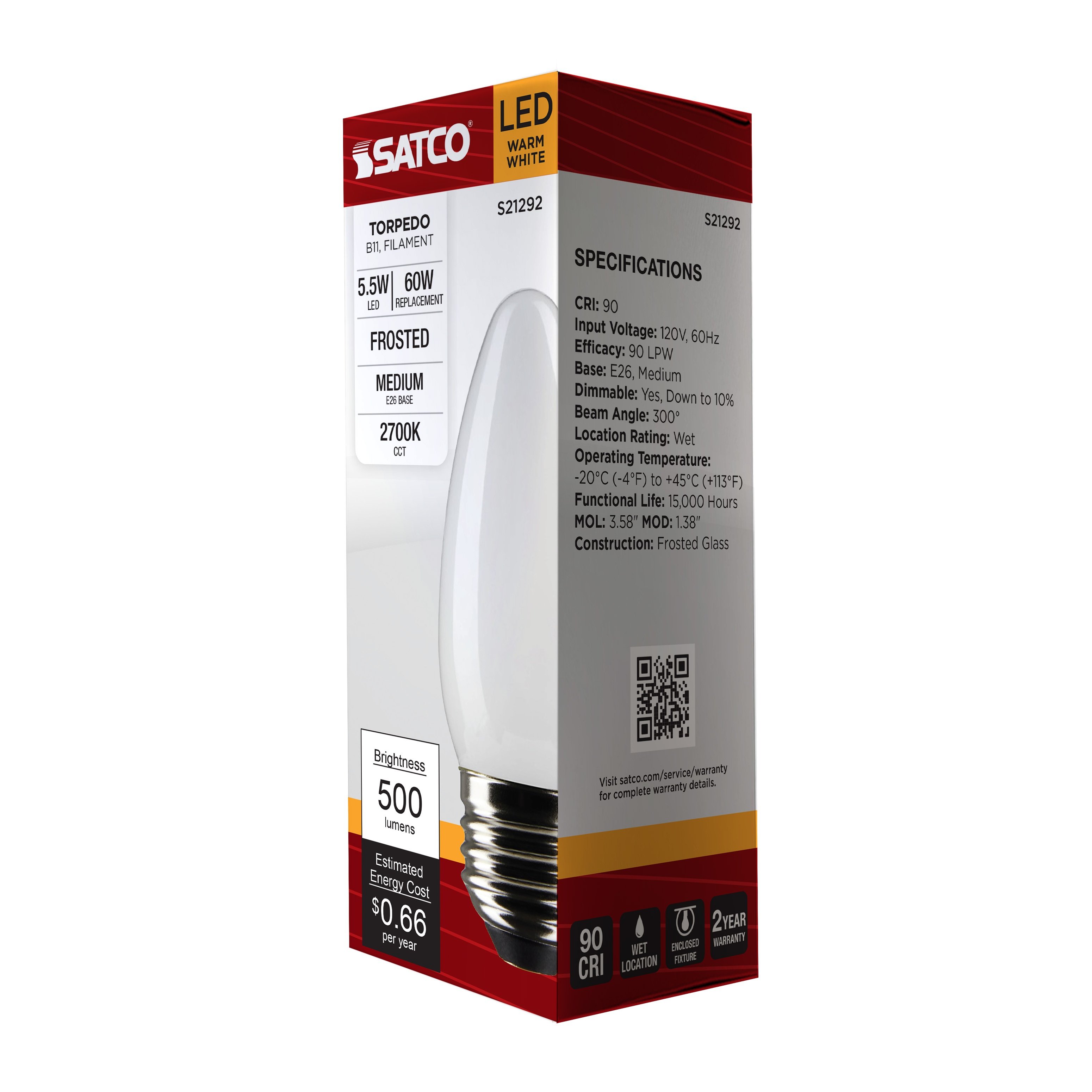 Picture of S21292 - 5.5 Watt B11 LED - Frost - Medium base - 90 CRI - 2700K - 120 Volt