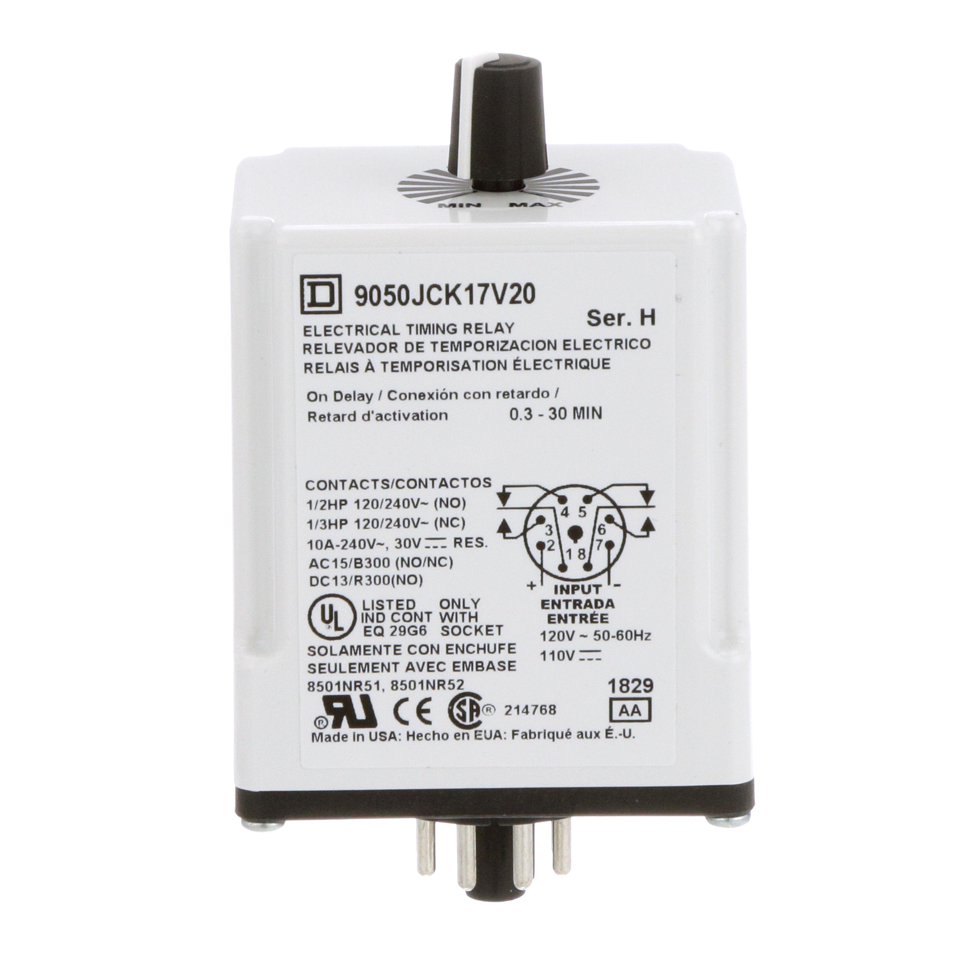 Picture of 9050JCK17V20 - Timing Relay, Type JCK, plug In, on delay, adjustable time, 0.3 to 30 minutes, 10A, 240 VAC, 120 VAC/110 VDC