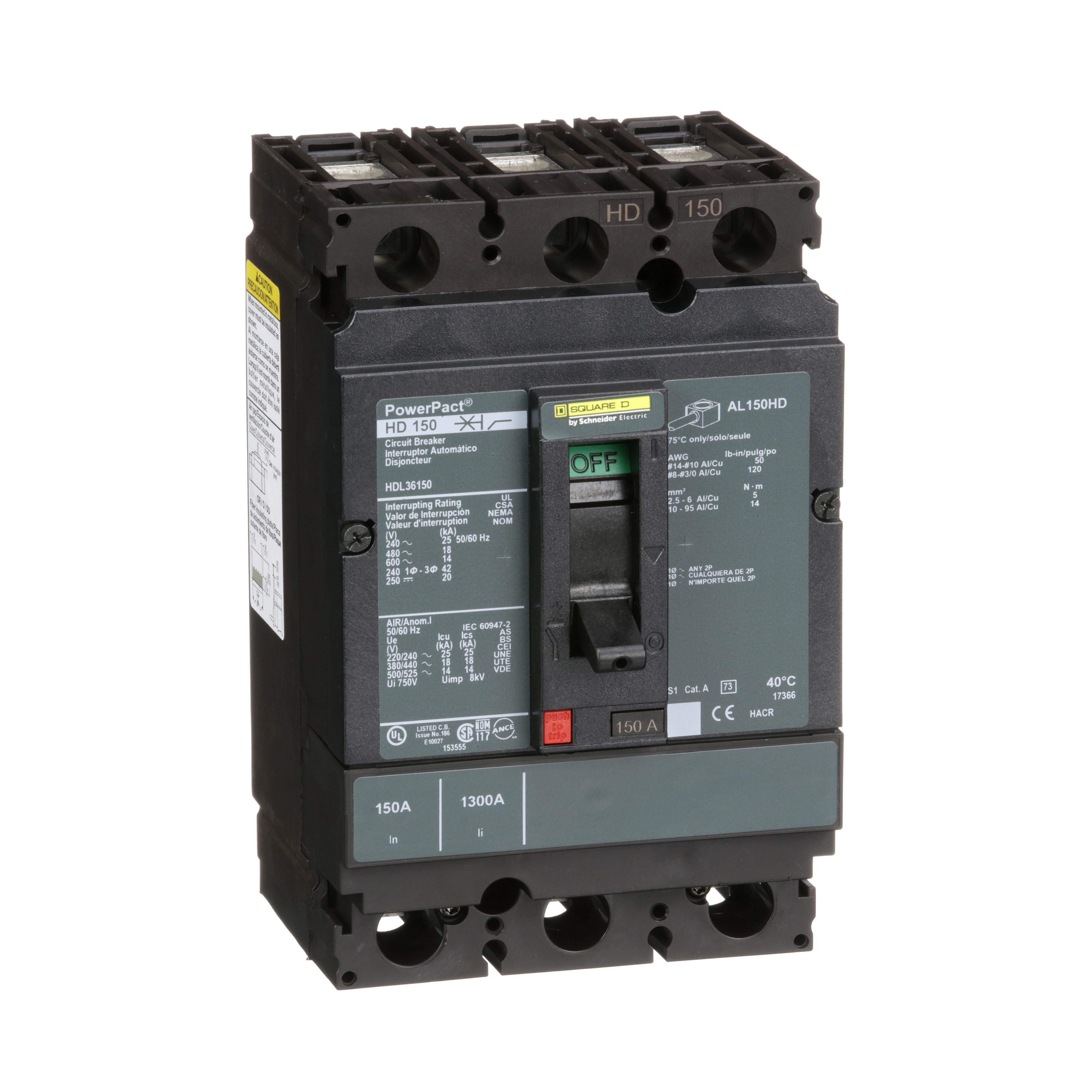 HDL36150 - Circuit breaker, PowerPacT H, 150A, 3 pole, 600VAC, 14kA, lugs, thermal magnetic, 80%