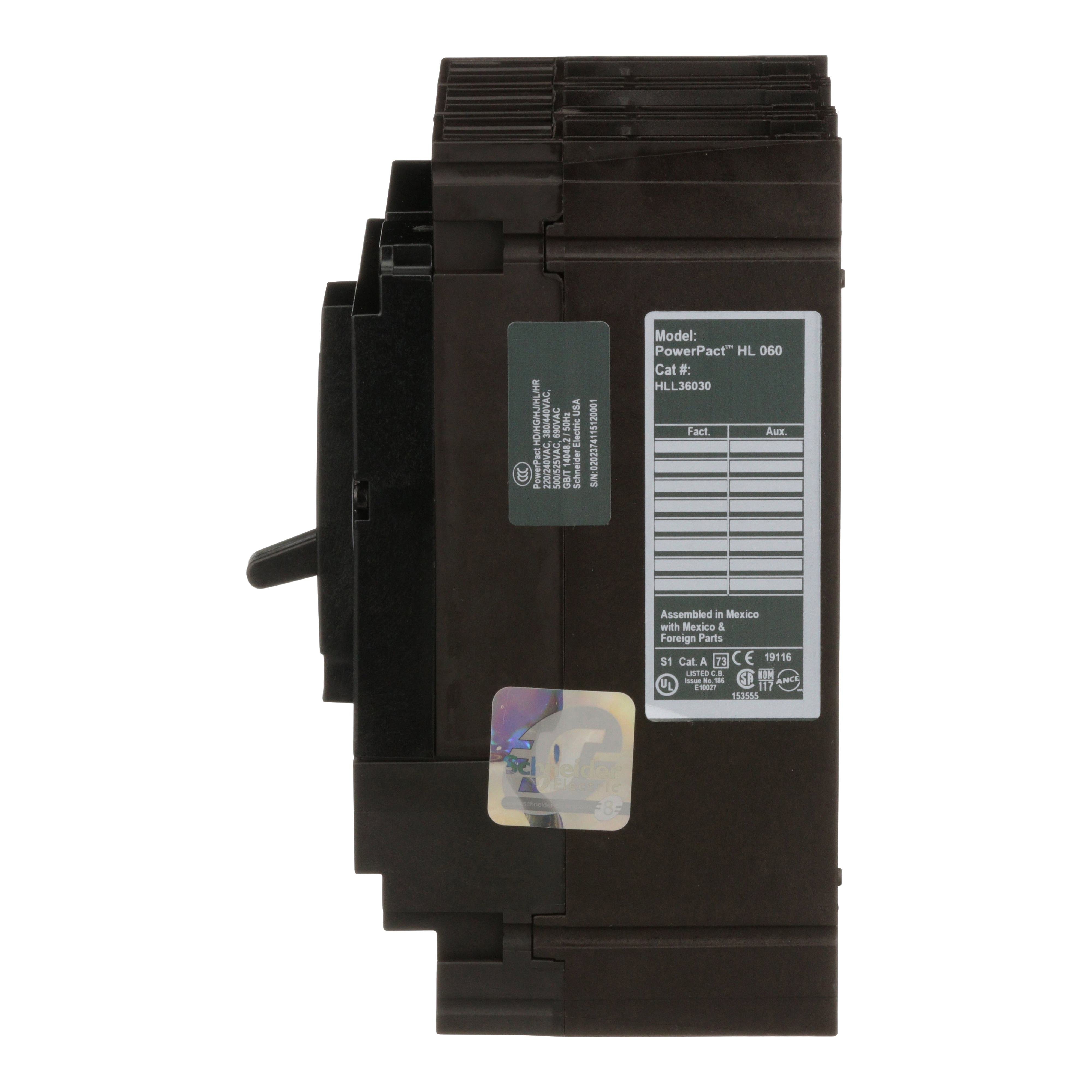 Picture of HLL36030 - Circuit breaker, PowerPacT H, 30A, 3 pole, 600VAC, 50kA, lugs, thermal magnetic, 80%