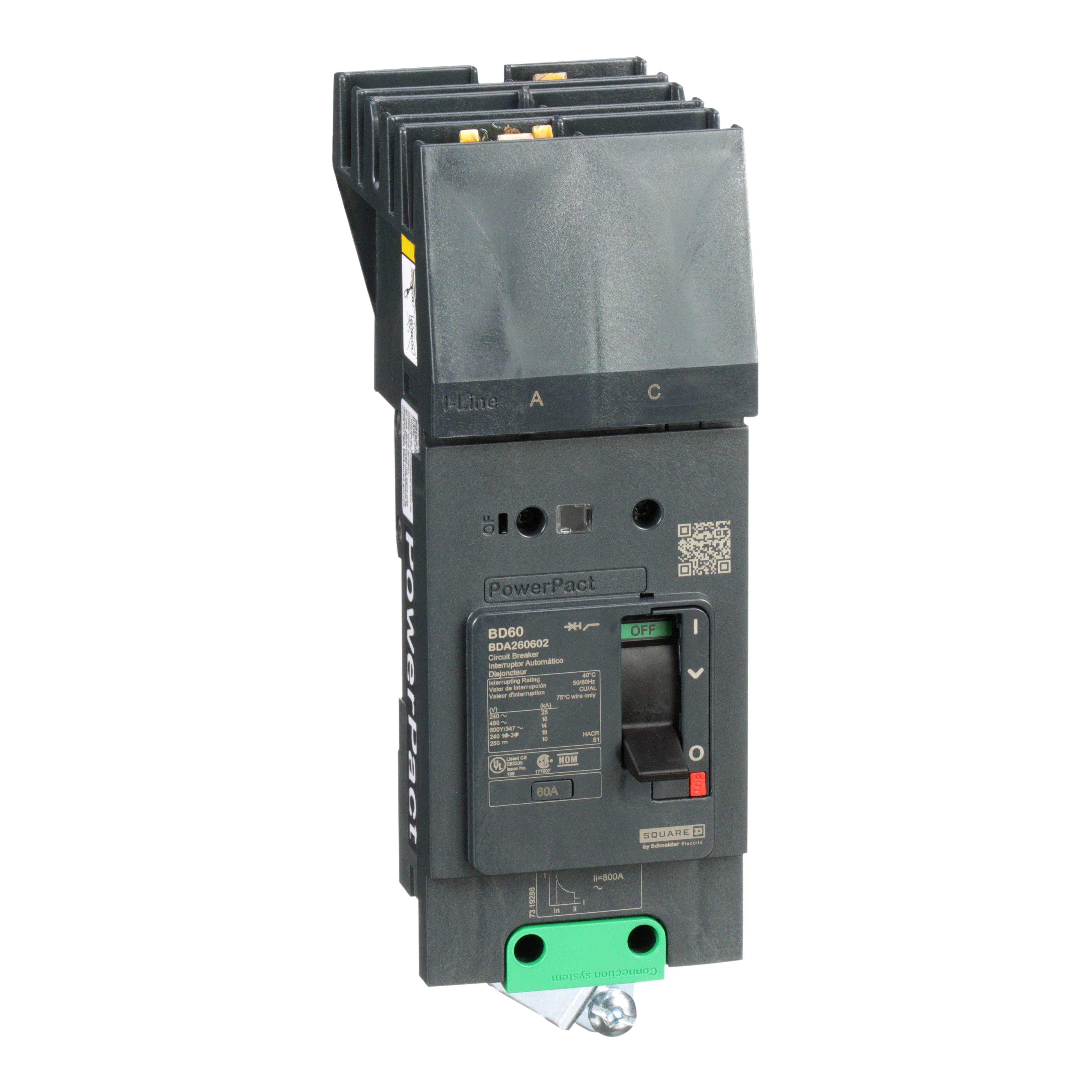 Picture of BDA260602 - Circuit breaker, PowerPacT B, 60A, 2 pole, 600Y/347VAC, 14kA, I-Line, thermal magnetic, 80%, AC