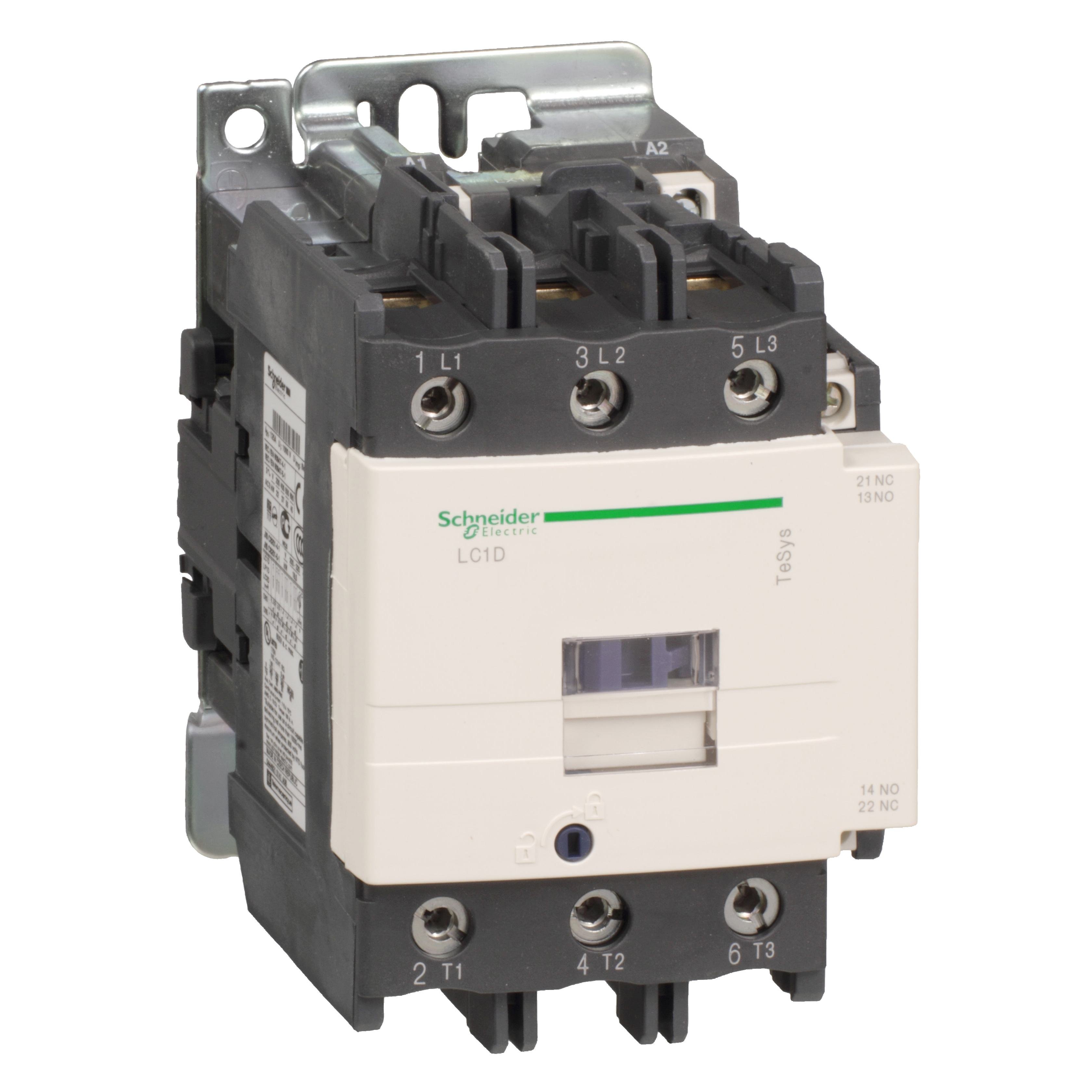 LC1D80T6 - IEC contactor, TeSys Deca, nonreversing, 80A, 60HP at 480VAC, up to 100kA SCCR, 3 phase, 3 NO, 480VAC 60Hz coil, open style