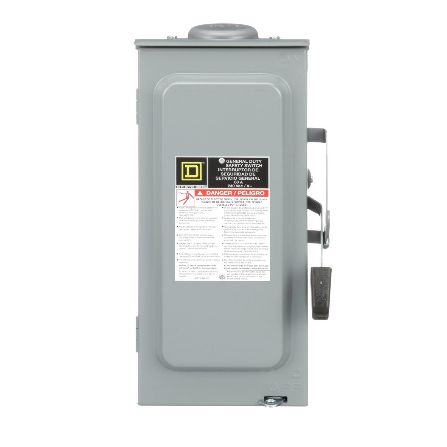 D222N - Safety switch, general duty, fusible, 60A, 2 pole, 15hp, 240VAC, NEMA 1, 3 wire, 1 neutral,