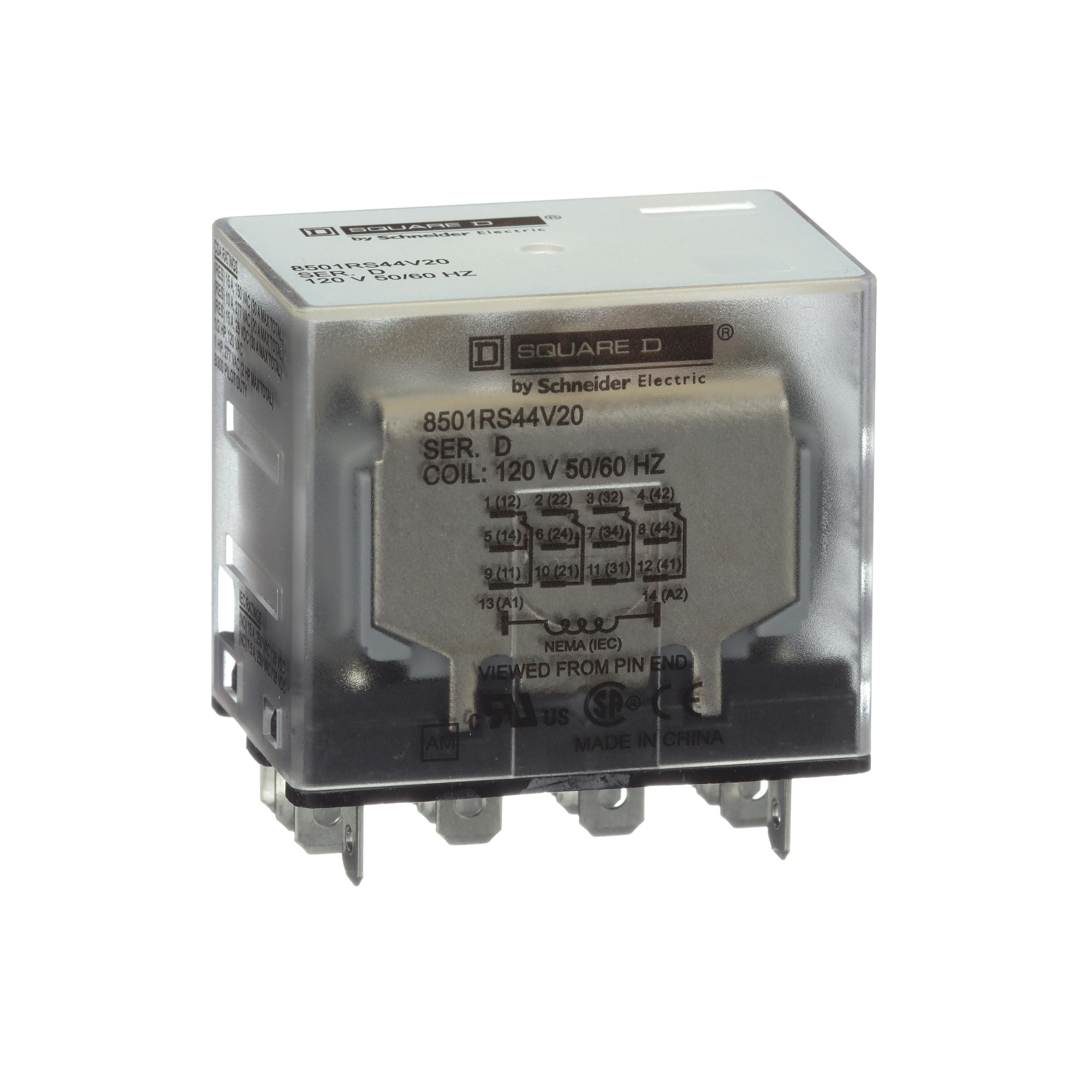 Picture of 8501RS44V20 - Plug in relay, Type R, miniature, 1 HP at 277 VAC, 15A resistive at 120 VAC, 14 blade, 4PDT, 4 NO, 4 NC, 120 VAC coil