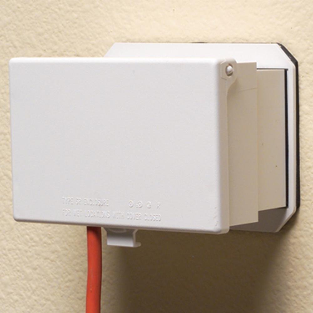 61HW - 1 Gang Low Profile, IN and OUT cover for new and existing construction. Weatherproof in-use. Meets extra-duty code requirements when cord is plugged in. UV rated plastic. Horizontal. Color - White. Paintable. Has an installed oversized base for lar