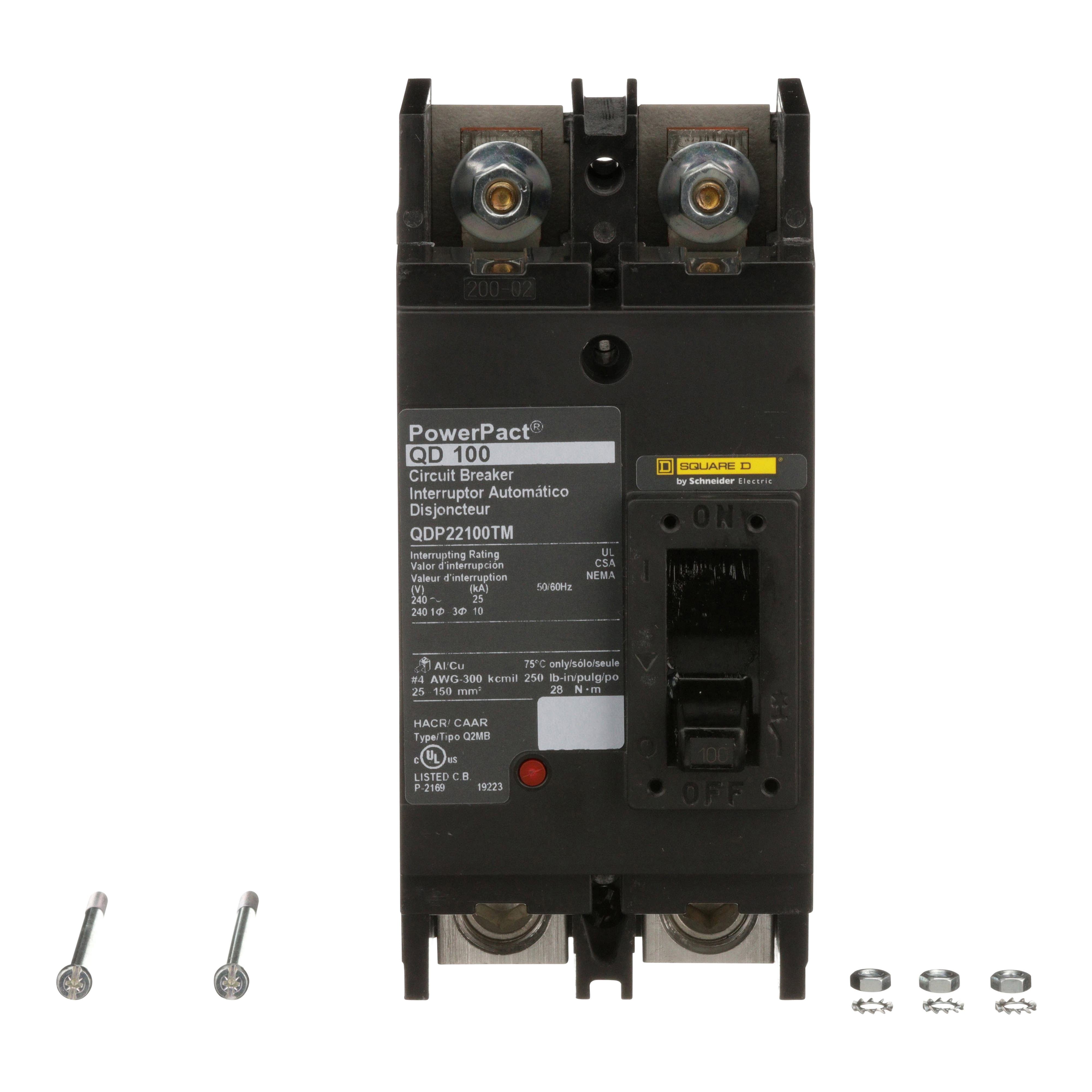 Picture of QDP22100TM - Circuit breaker, PowerPacT Q, 100A, 2 pole, 240VAC, 25kA, lugs, thermal magnetic, 80%, bottom of panel