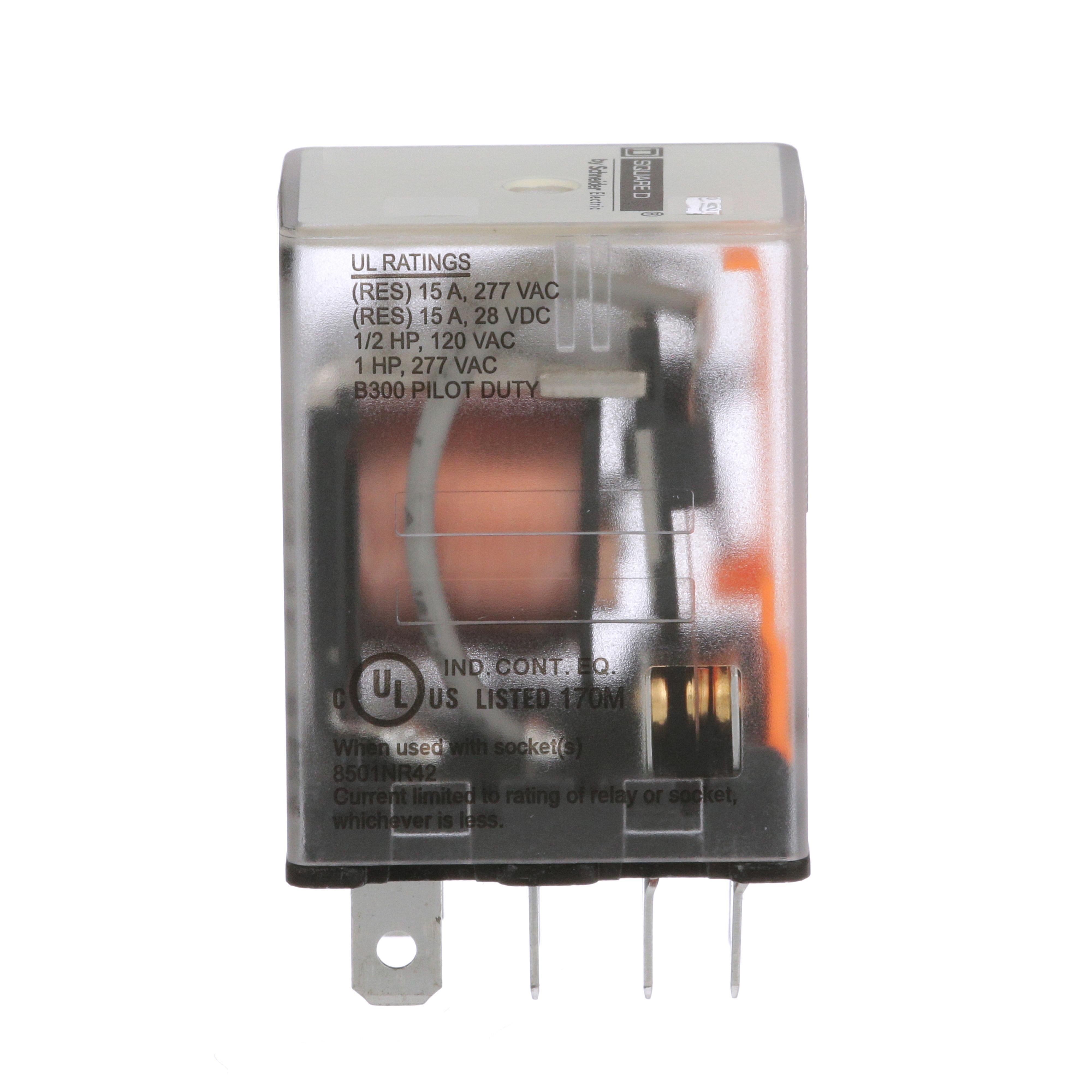 Picture of 8501RSD42V53 - Plug in relay, Type R, miniature, 1 HP at 277 VAC, 15A resistive at 120 VAC, 8 blade, DPDT, 2 NO, 2 NC, 24 VDC coil