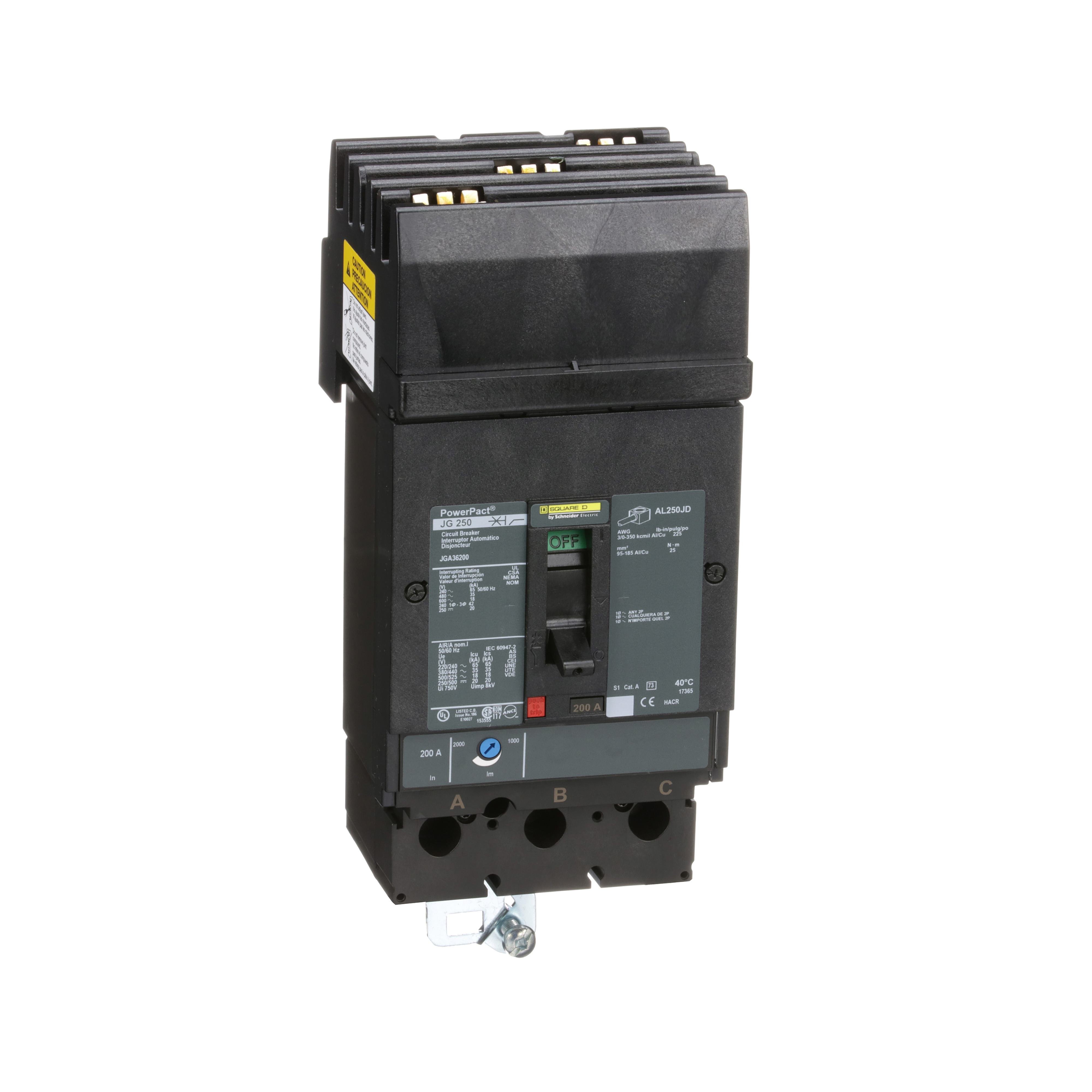 JGA36200 - Circuit breaker, PowerPacT J, 200A, 3 pole, 600VAC, 18kA, I-Line, thermal magnetic, 80%, ABC
