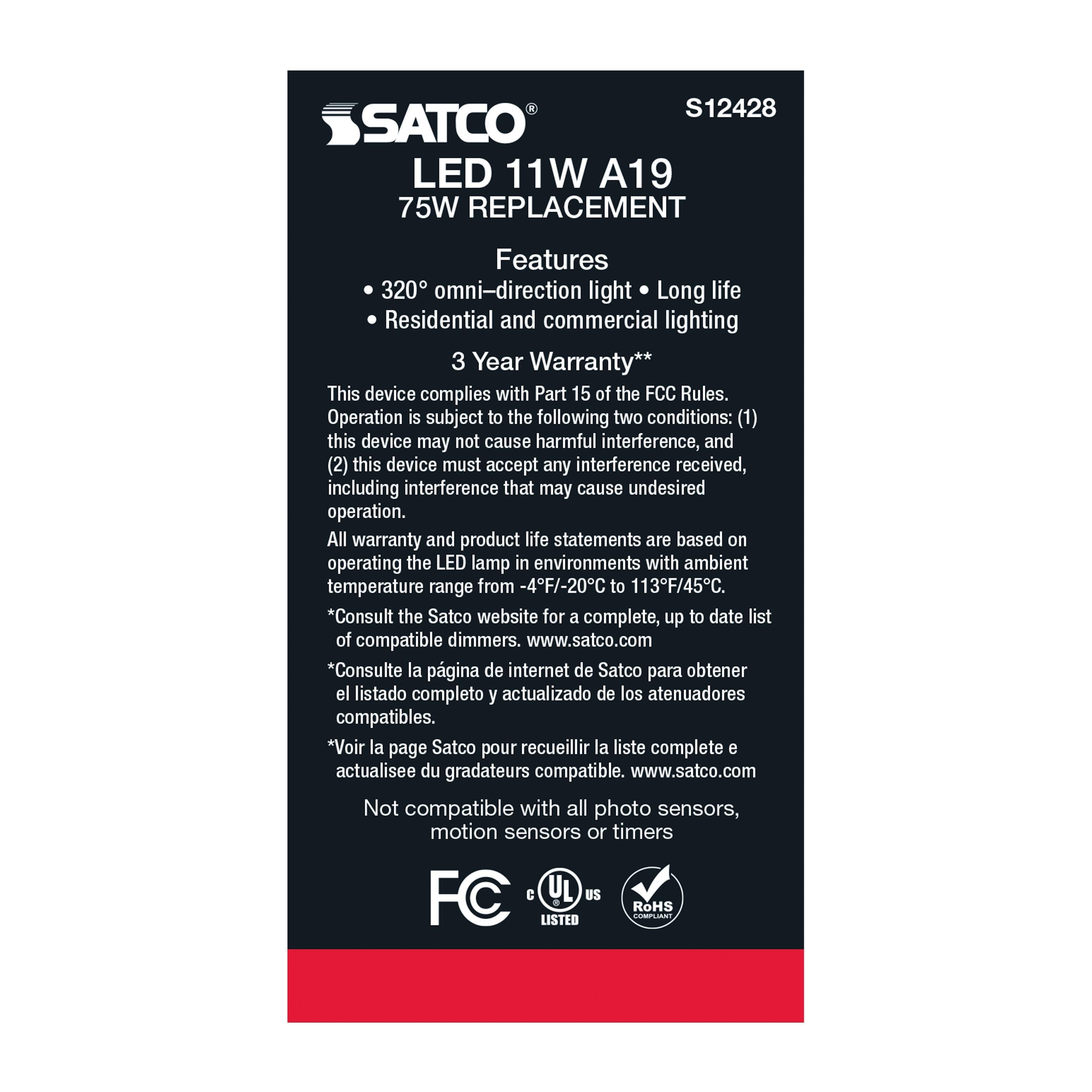 Picture of S12428 - 11 Watt LED A19 - Soft White - Medium Base - 4000K - 90 CRI - 120 Volt