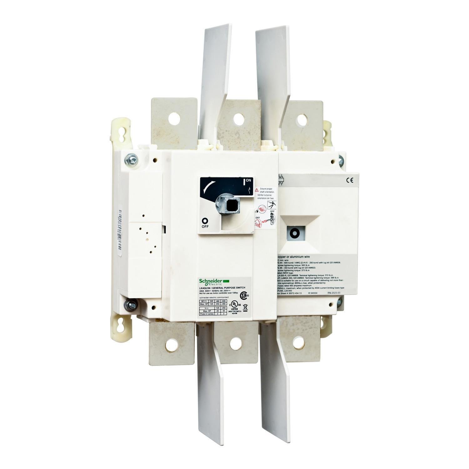 Picture of LK4QU3N - Disconnect Switch, TeSys LK, nonfusible, 400A, 600 V, HP rated, 3 pole, rotary handle, up to 200kA SCCR