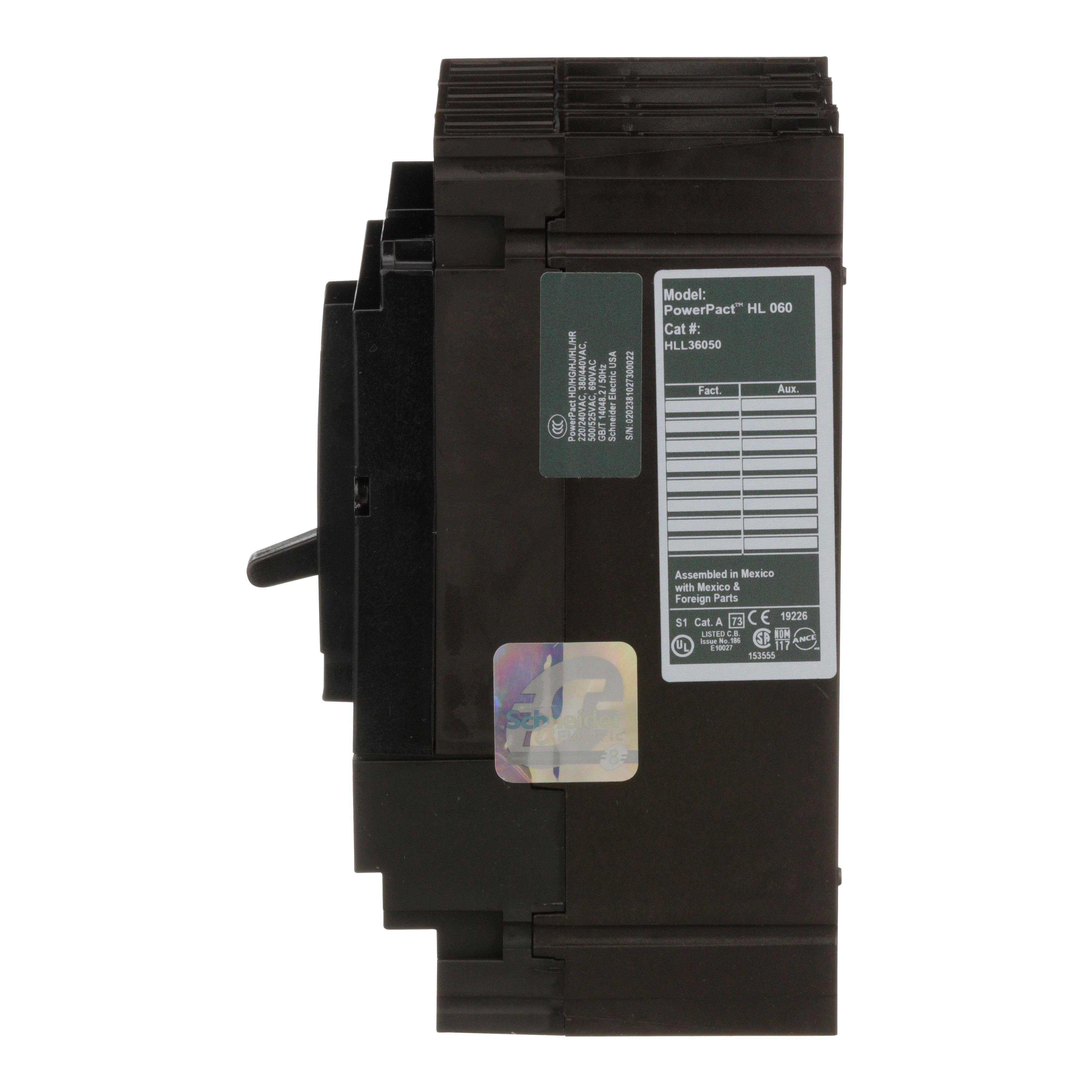 Picture of HLL36050 - Circuit breaker, PowerPacT H, 50A, 3 pole, 600VAC, 50kA, lugs, thermal magnetic, 80%