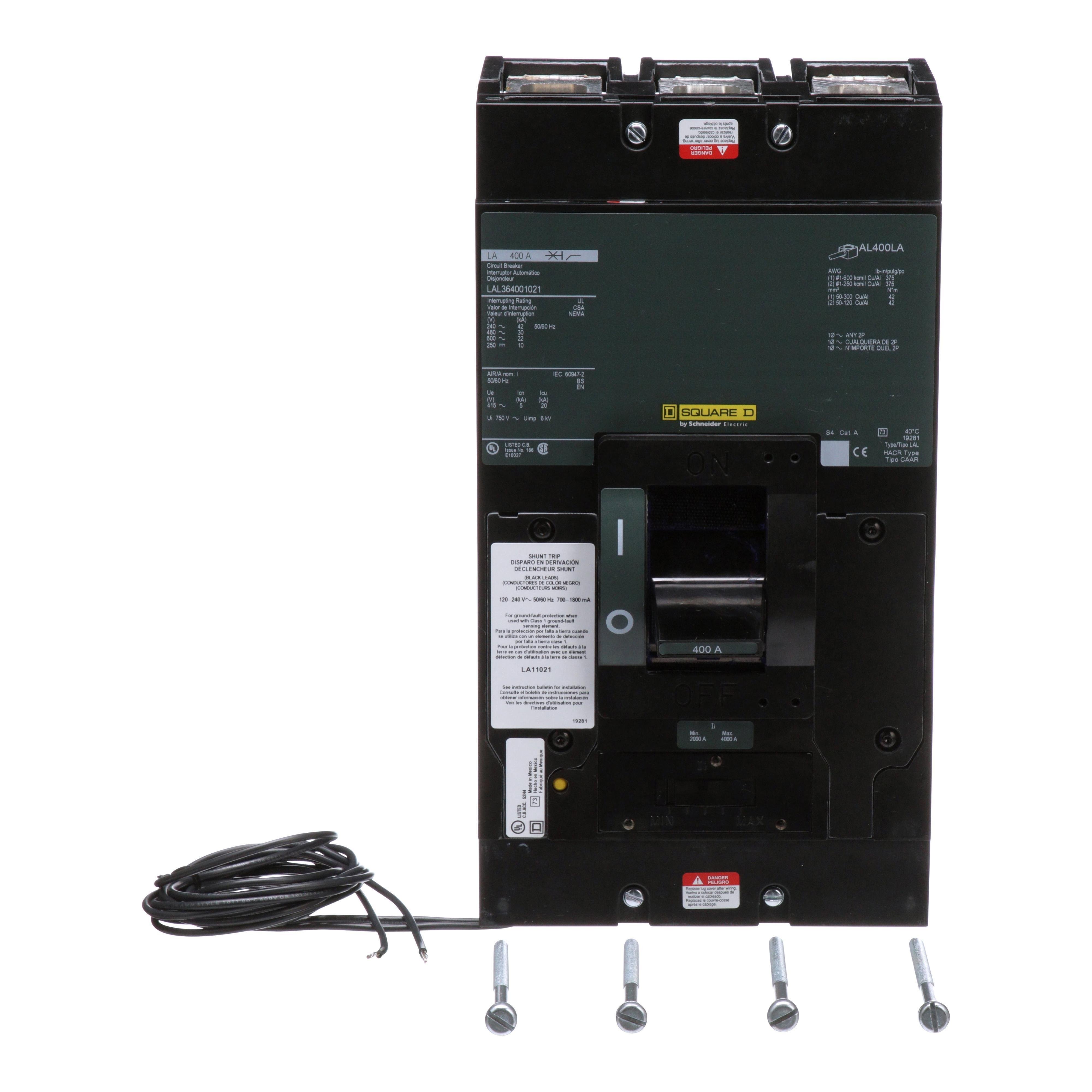 LAL364001021 - Circuit breaker, LA, 400A, 3 pole, 600VAC, 22kA, 250VDC, 10kA, lugs, thermal magnetic, shunt trip