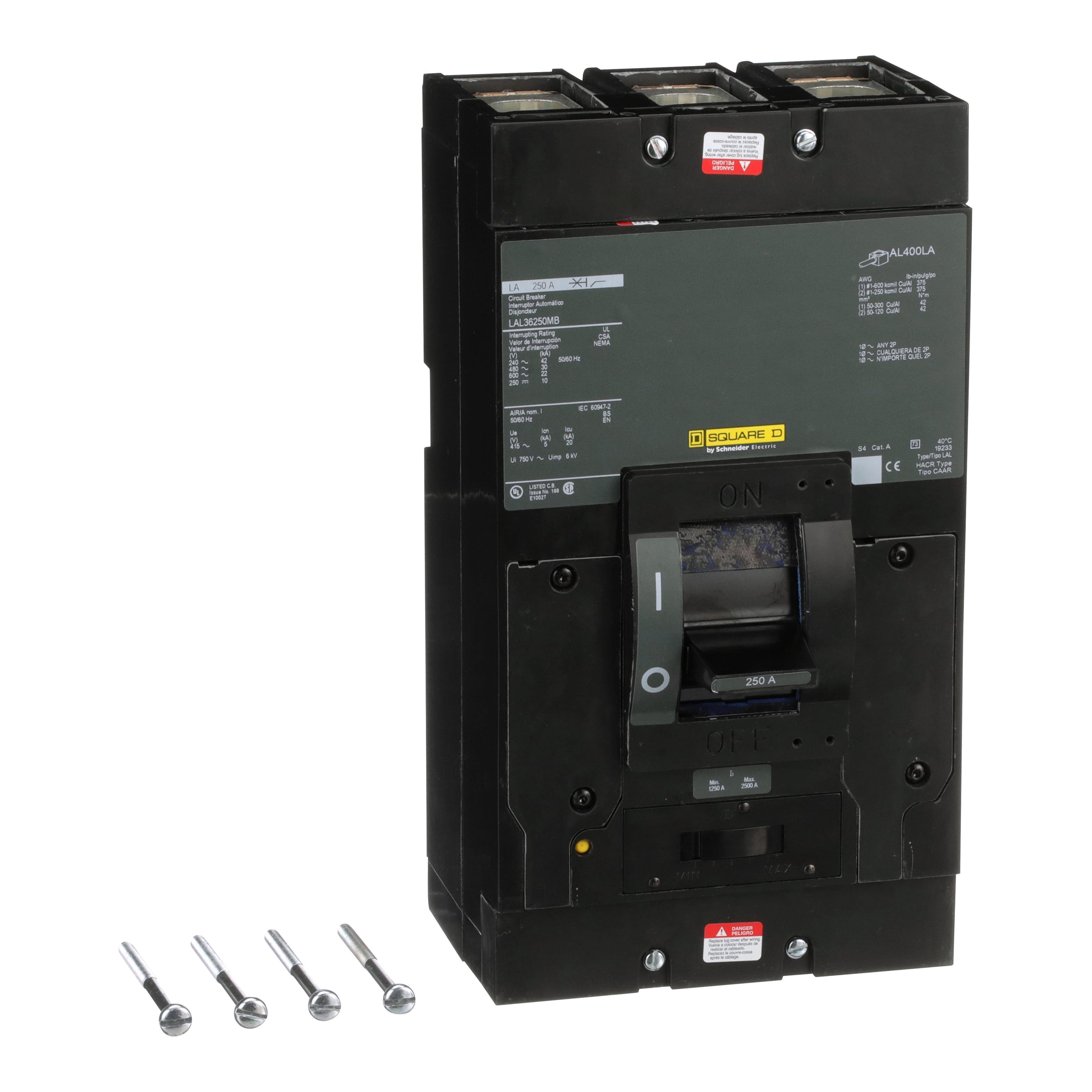 Picture of LAL36250MB - Circuit breaker, LA, 250A, 3 pole, 600VAC, 22kA, 250VDC, 10kA, lugs, thermal magnetic, short handle