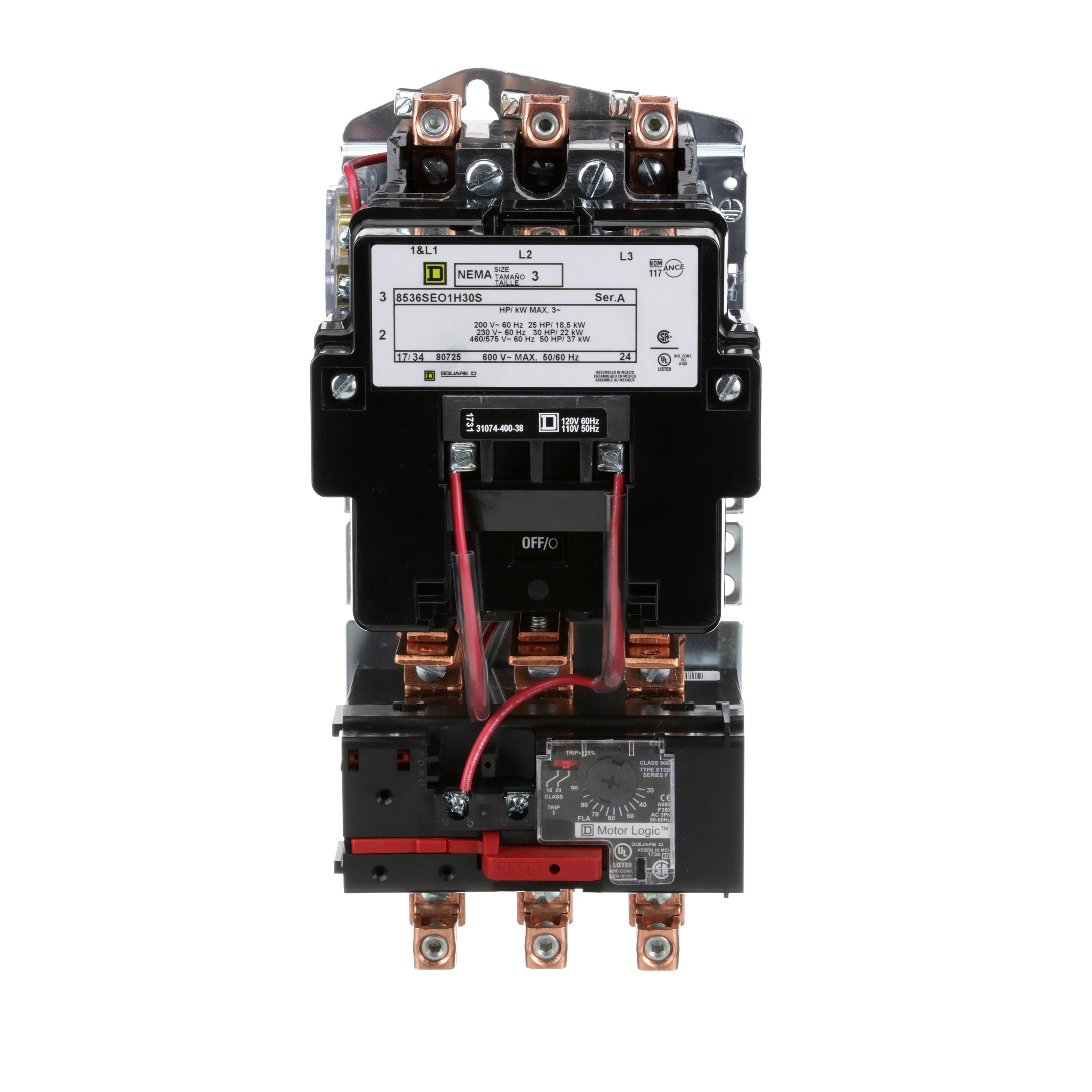 8536SEO1V02H30S - NEMA motor starter, Type S, nonreversing, Size 3, 90A, 50HP at 460VAC, up to 100kA SCCR, 3 phase, 3 pole, Motor Logic, 120VAC coil, open
