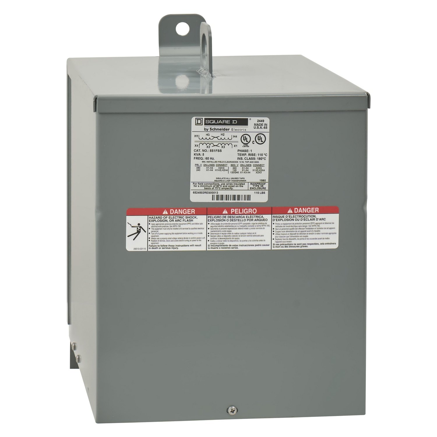 Picture of 5S1FSS - Transformer, dry type, encapsulated, 5kVA, 1 phase, 240x480V primary, 120/240V secondary, 13B, 115C rise [TAA]