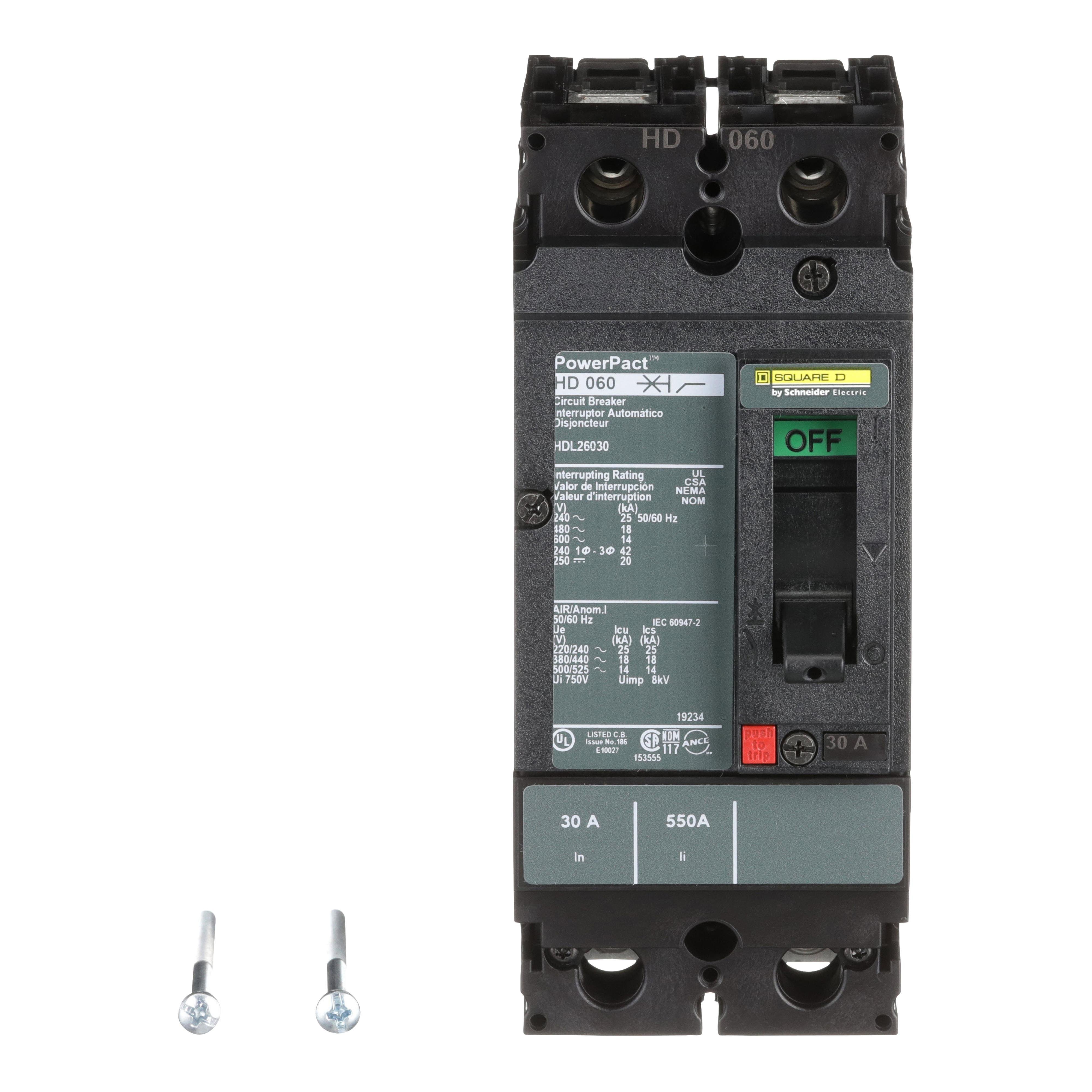Picture of HDL26030 - Circuit breaker, PowerPacT H, 30A, 2 pole, 600VAC, 14kA, lugs, thermal magnetic, 80%