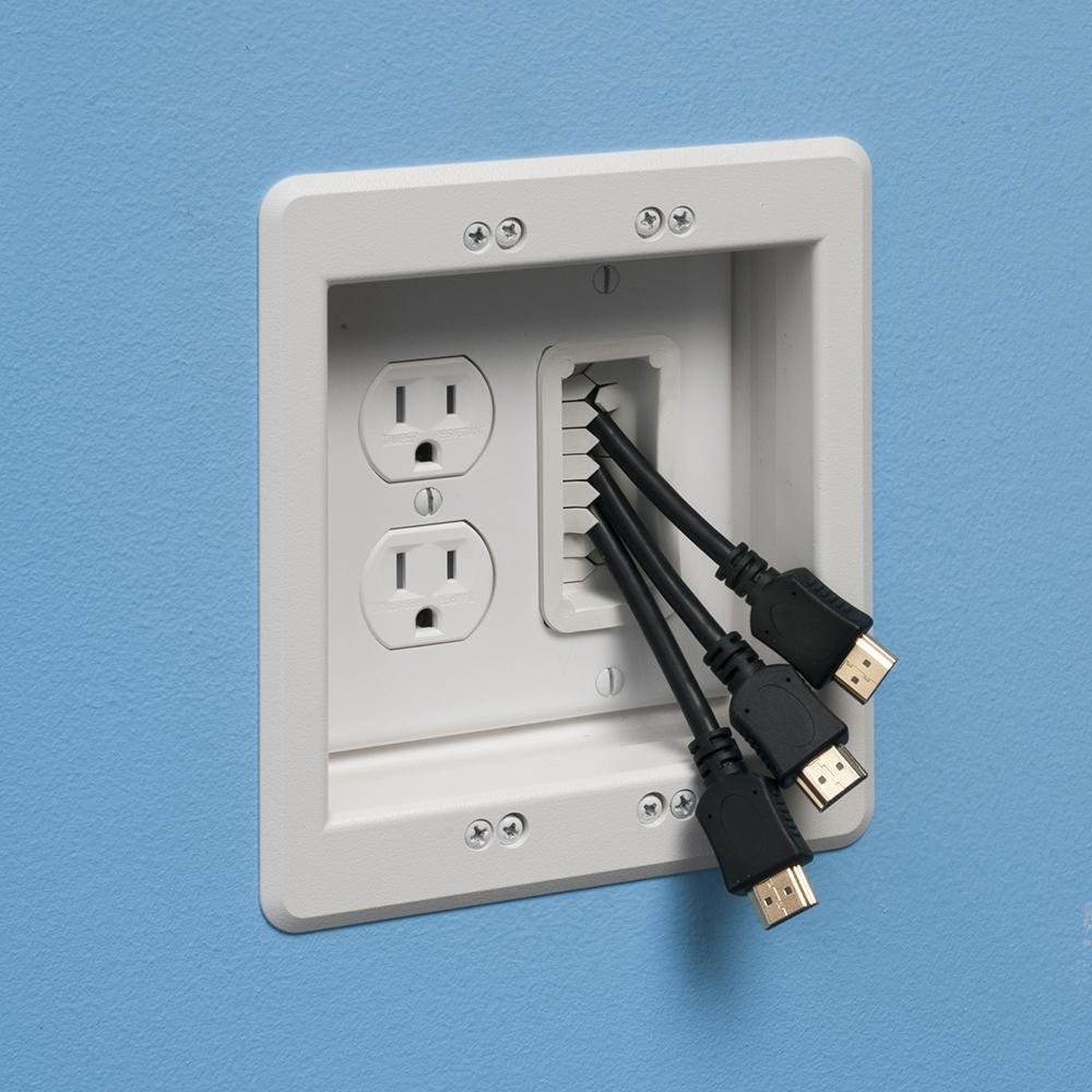 TVBR505K - Plastic recessed TV BOX for power and low voltage. Retro fit only. Kit includes recessed combo box, (1) tamper resistant duplex receptacle, Arlington's SCOOP, Arlington's PASS THROUGH devices and cover plate.