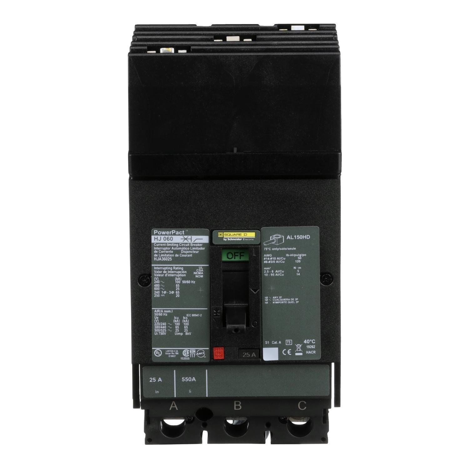 HJA36025 - Circuit breaker, PowerPacT H, 25A, 3 pole, 600VAC, 25kA, I-Line, thermal magnetic, 80%, ABC