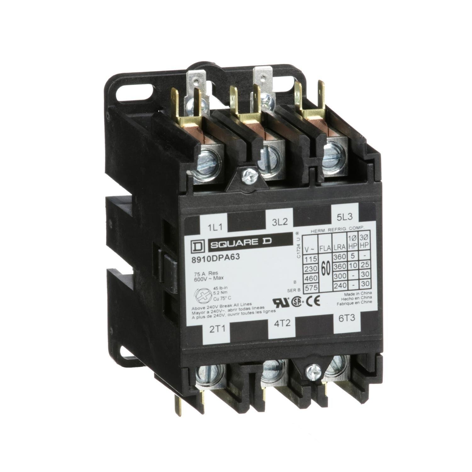 8910DPA63V09 - Contactor, Definite Purpose, 60A, 3 pole, 30HP at 575VAC, 3 phase, 208/240VAC 60Hz 220VAC 50Hz coil, open