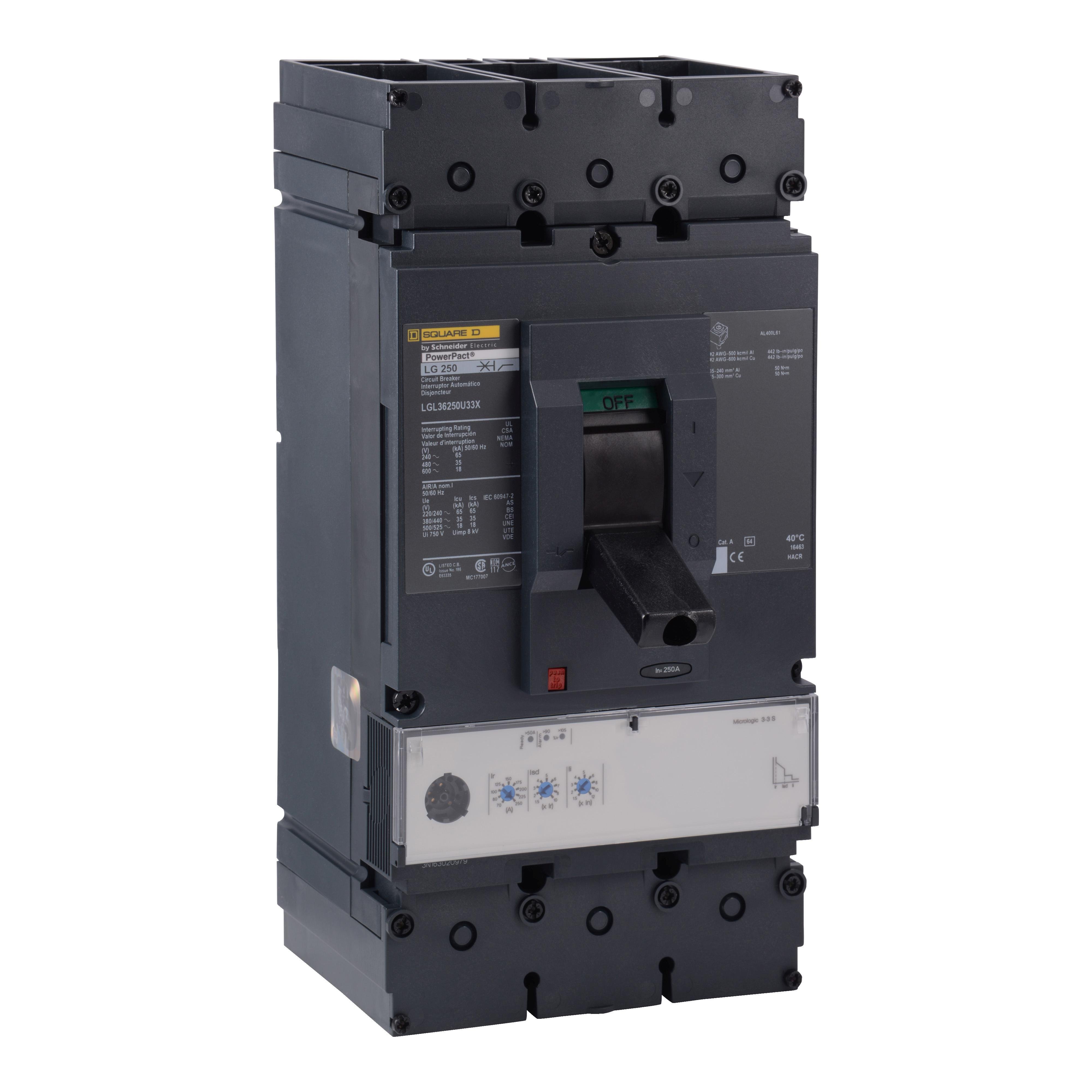LGL36250CU33X - Circuit breaker, PowerPacT L, 250A, 3 pole, 600VAC, 18kA, lugs, MicroLogic 3.3S, 100%