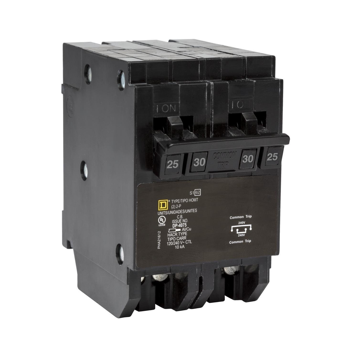 HOMT225230 - Quad tandem circuit breaker, Homeline, 1 x 2 pole at 25A, 1 x 2 pole at 30A, 120/240VAC, 10kA AIR, plug in, UL