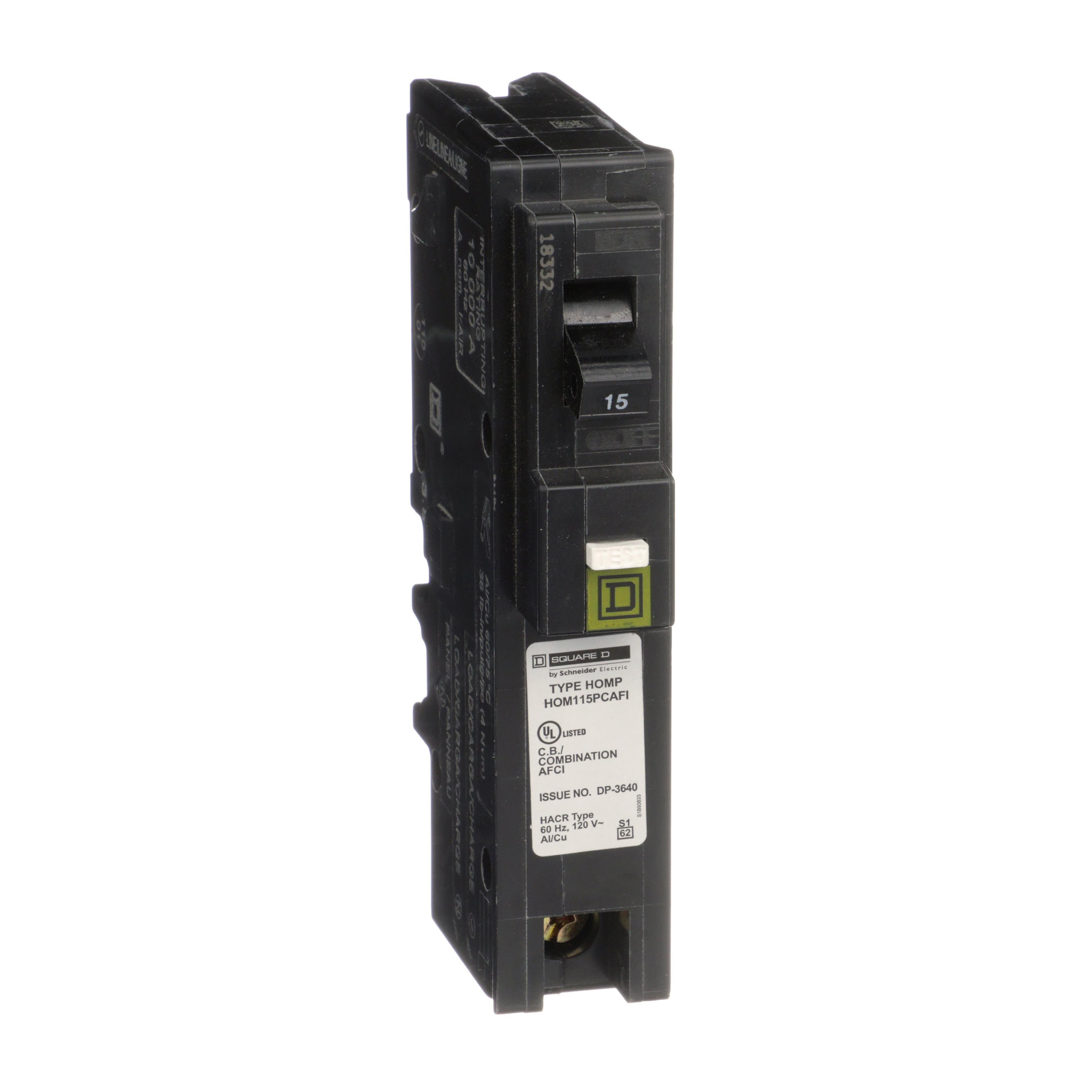 HOM115PCAFI - [TAA] Mini circuit breaker, Homeline, 15A, 1 pole, 120VAC, 10kA AIR, combo arc fault, plug on neutral, plug in, UL