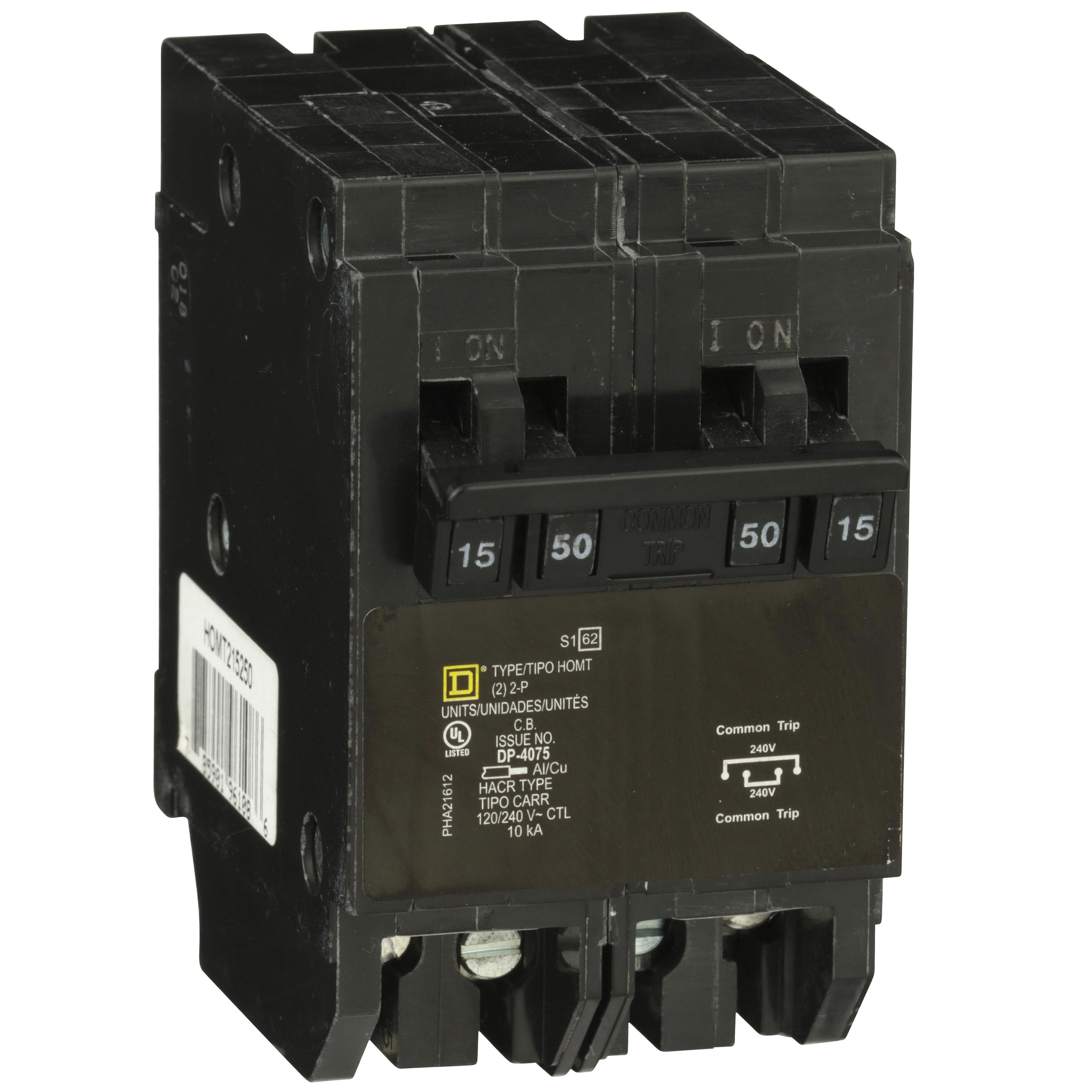 Picture of HOMT215250 - Quad tandem circuit breaker, Homeline, 1 x 2 pole at 15A, 1 x 2 pole at 50A, 120/240VAC, 10kA AIR, plug in, UL