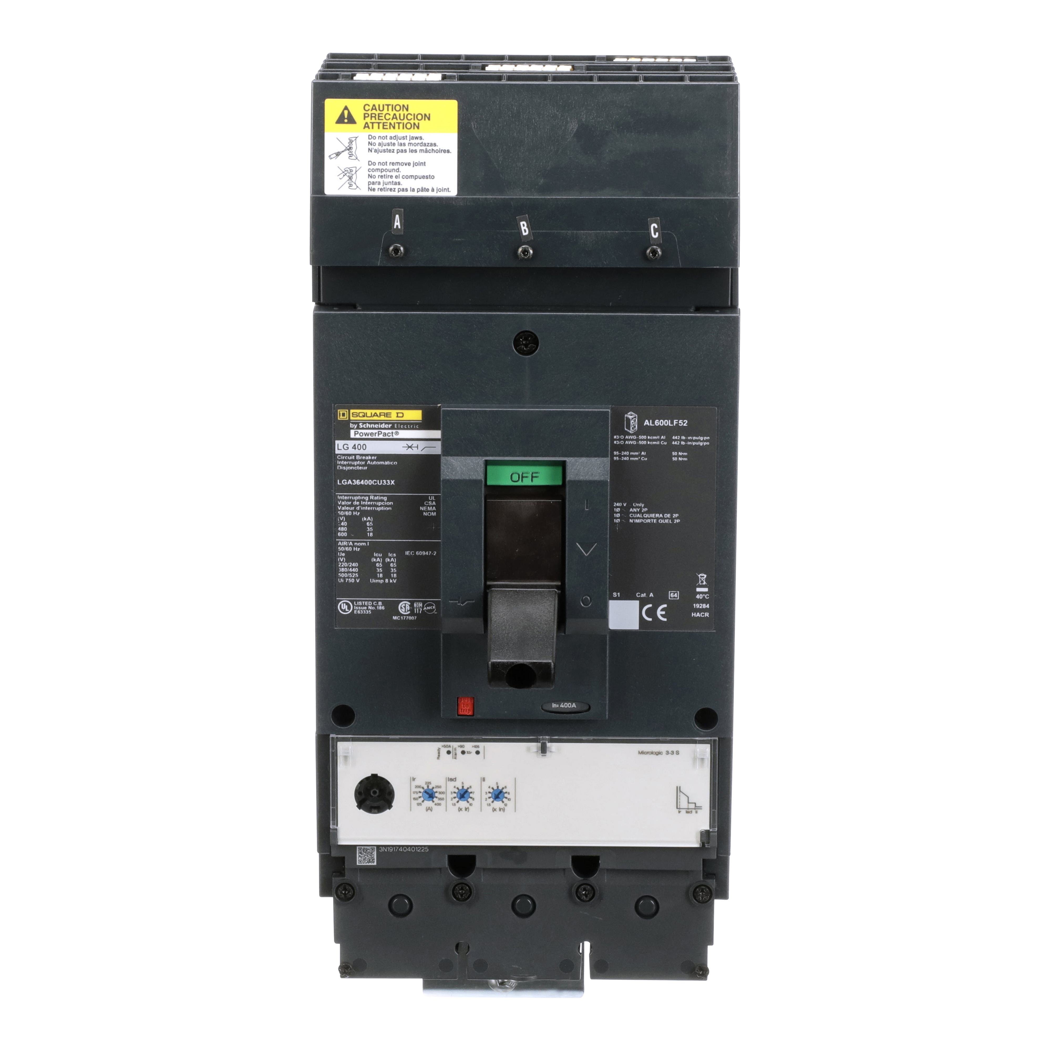 Picture of LGA36400CU33X - Circuit breaker, PowerPacT L, 400A, 3 pole, 600VAC, 18kA, I-Line, Micrologic 3.3S, 100%, ABC
